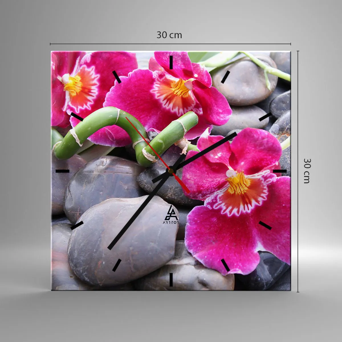 Horloge murale - Pendule murale - Orchidées roses sur fond de pierres lisses - 30x30cm - Refroidir et chauffer - Décoration murale moderne pour le salon et la chambre ARTTOR