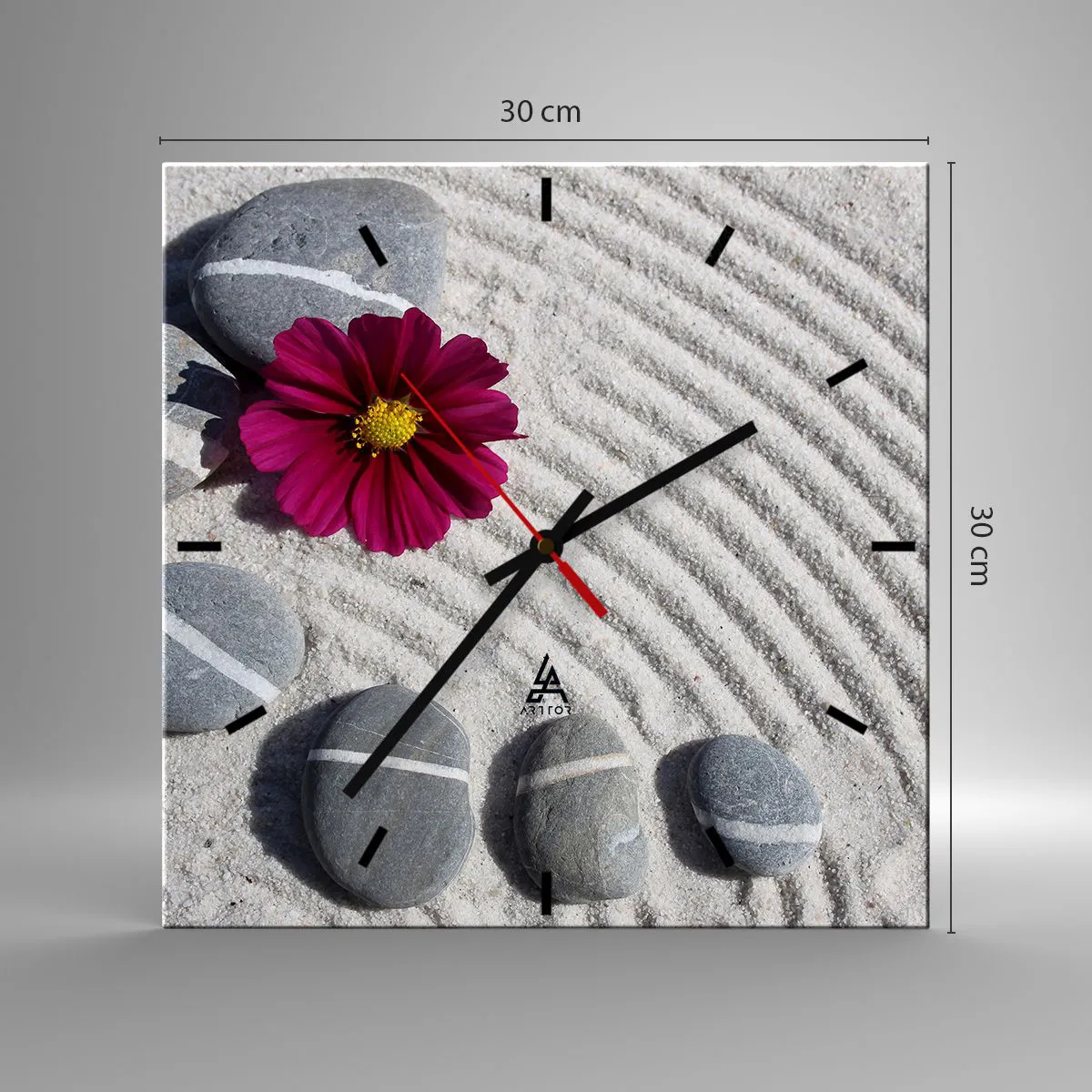 Horloge murale - Pendule murale - Des pierres et une fleur rose sur le sable dans un style zen - 30x30cm - Énergie et paix du cercle magique de la nature - Décoration murale moderne pour le salon et la chambre ARTTOR