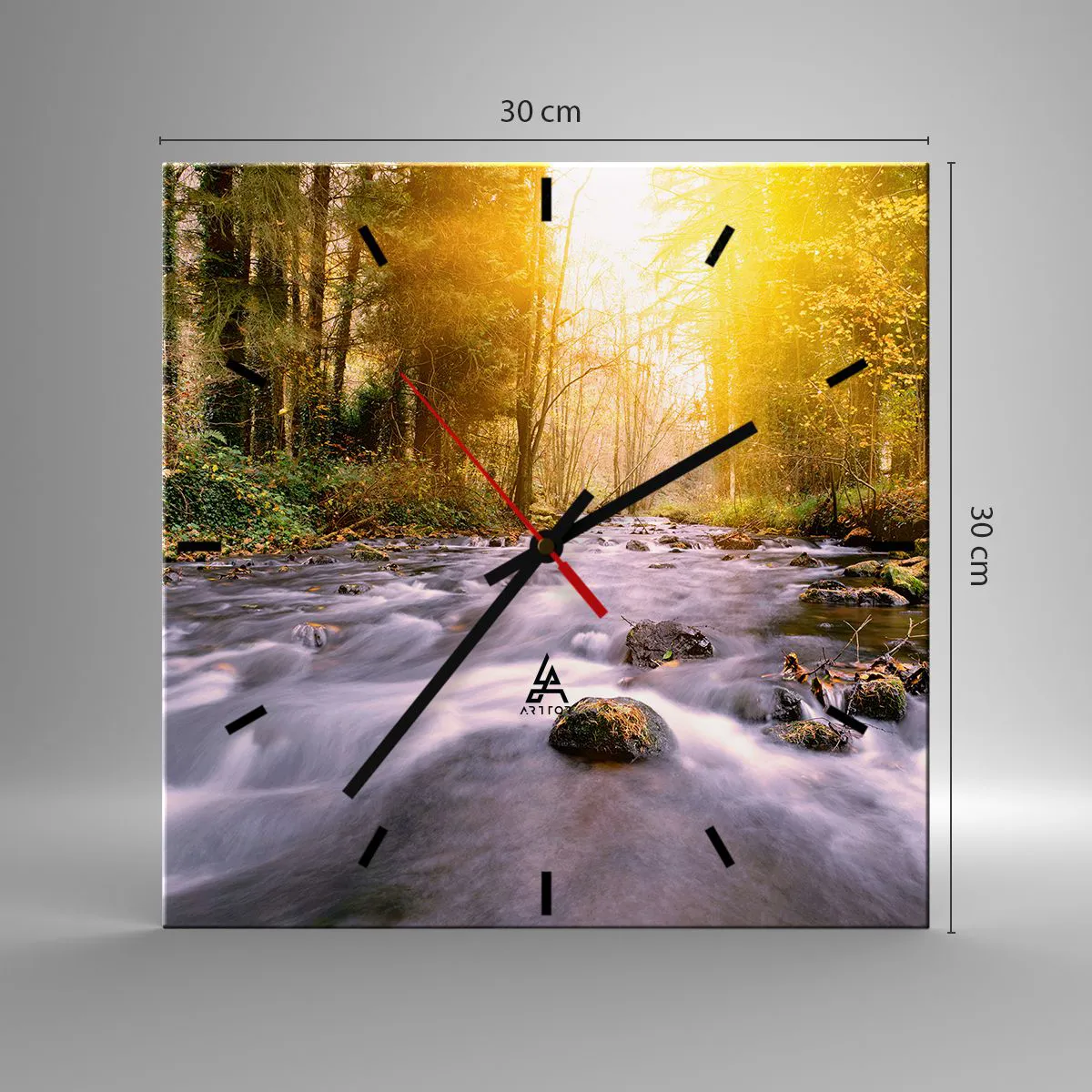 Wanduhr - Glasuhr - Ein Waldbach, beleuchtet von den Sonnenstrahlen - 30x30cm - Malachit im Silber- und Goldrahmen - Moderne Wanddekoration für Wohnzimmer und Schlafzimmer ARTTOR