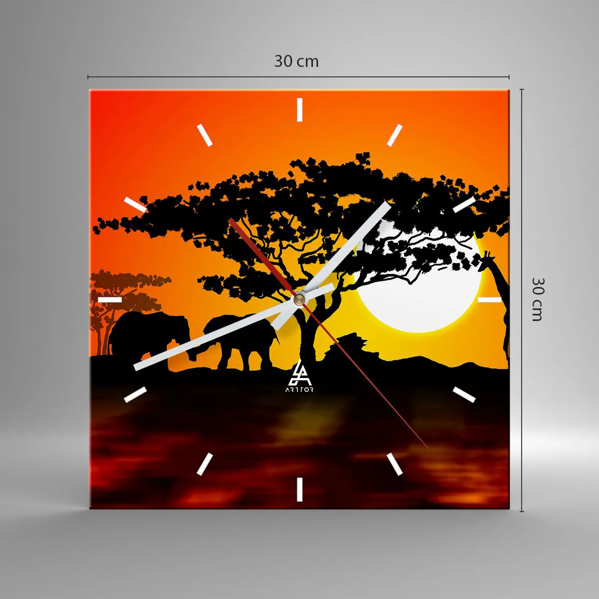 Orologio da parete - Orologio in Vetro - Tramonto africano con sagome di elefanti e giraffe sull'acqua - 30x30cm - Incontro nella savana - Decorazione murale moderna per soggiorno e camera da letto ARTTOR