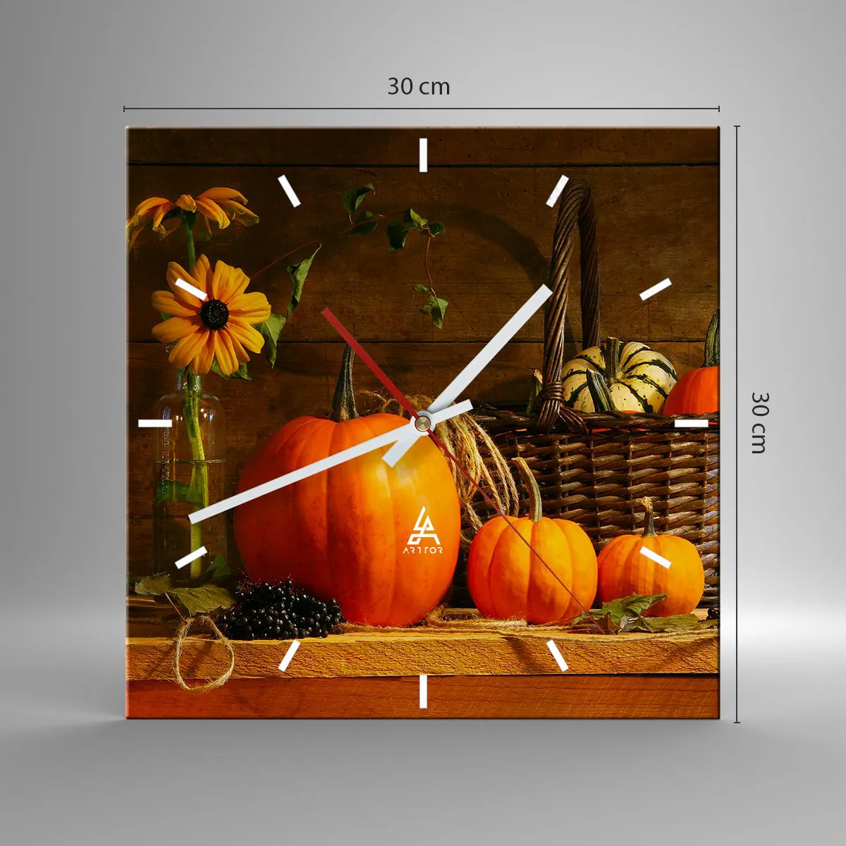 Väggklocka - Klocka på glas - Rustik komposition - höstens gåvor - 30x30 cm