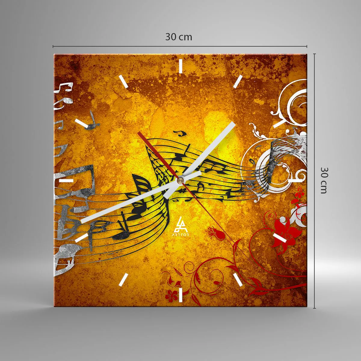 Wanduhr - Glasuhr - Abstrakte Musiknoten auf einem bunten Hintergrund mit Ornamenten - 30x30cm - Lass die Musik fließen - Moderne Wanddekoration für Wohnzimmer und Schlafzimmer ARTTOR