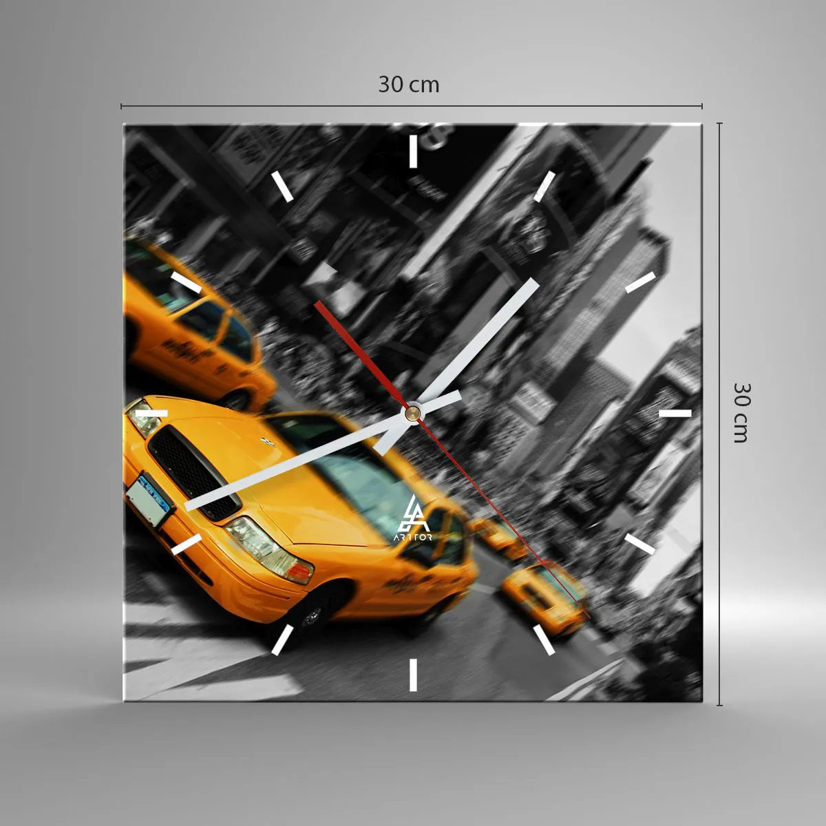 Wanduhr - Glasuhr - Gelbe Taxis an einer belebten Kreuzung in der Stadt - 30x30cm - New Yorker Sonnentropfen - Moderne Wanddekoration für Wohnzimmer und Schlafzimmer ARTTOR