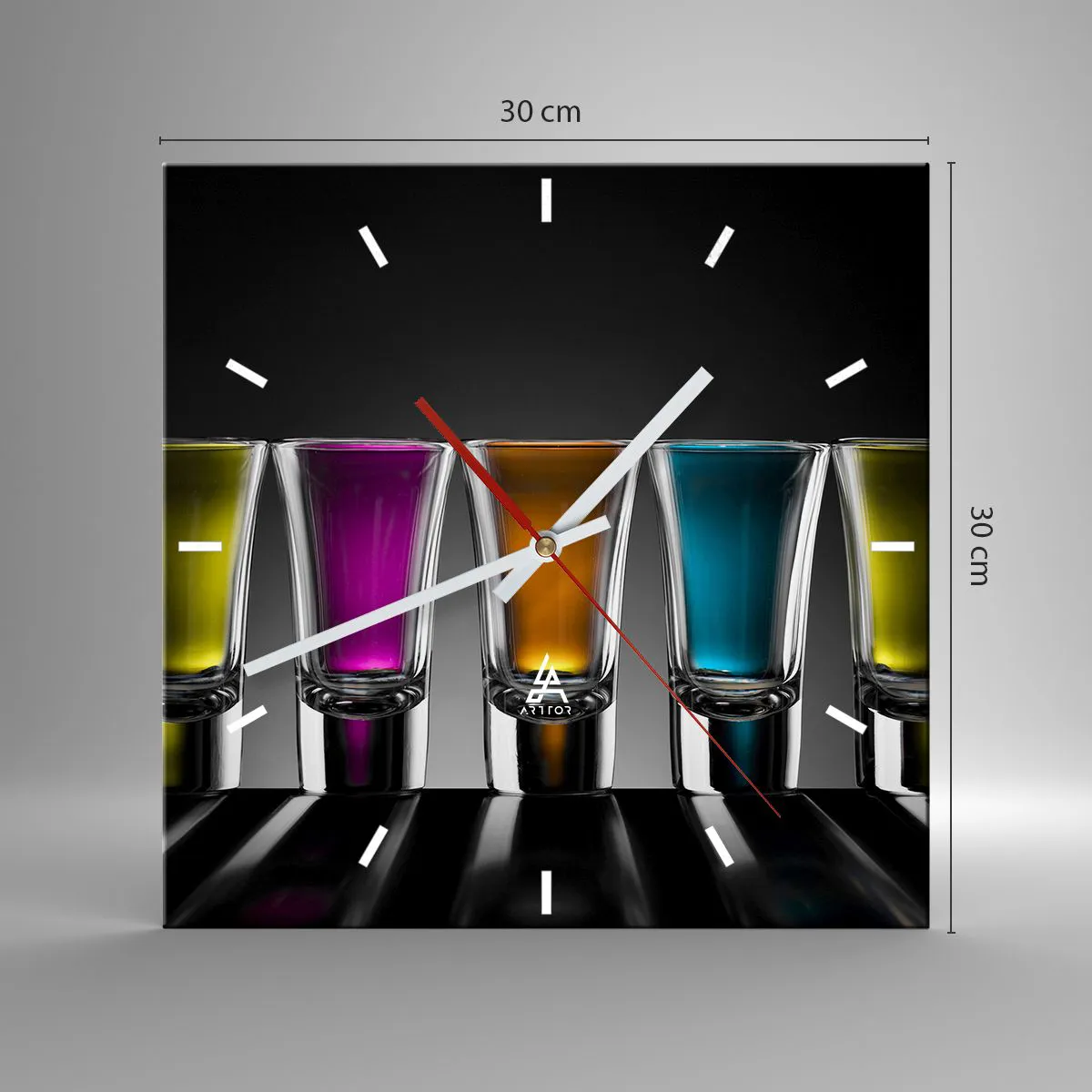 Wanduhr - Glasuhr - Bunte Gläser auf schwarzem Hintergrund - 30x30cm - Die Farben der Freude - Moderne Wanddekoration für Wohnzimmer und Schlafzimmer ARTTOR