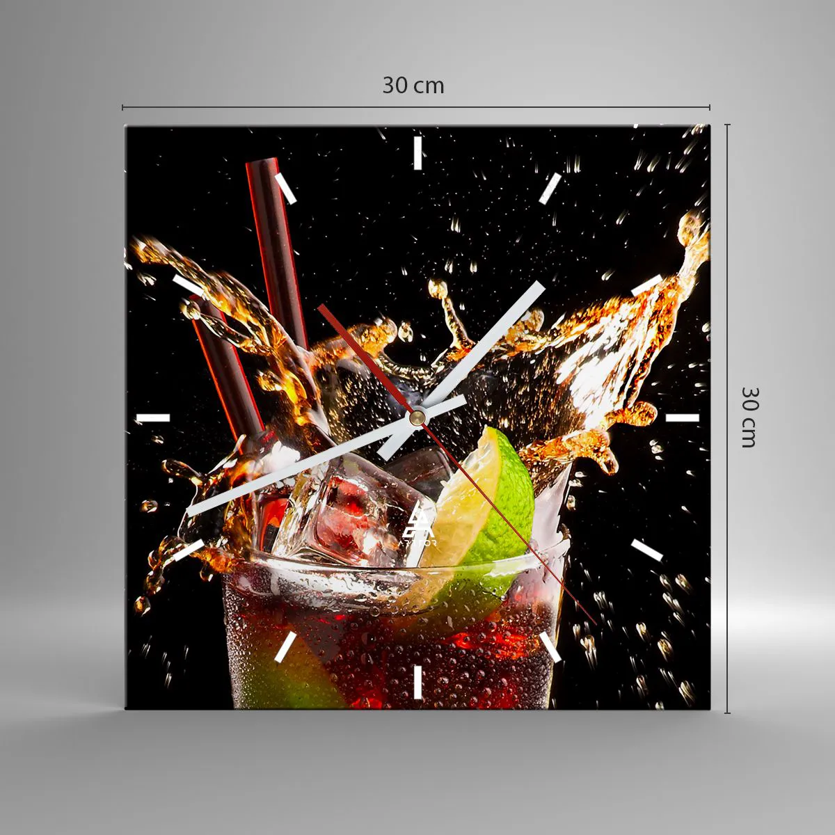 Wanduhr - Glasuhr - Ein Glas Getränk, Limette und Eis im Moment des dynamischen Spritzens - 30x30cm - Freude und Energie der Farben - Moderne Wanddekoration für Wohnzimmer und Schlafzimmer ARTTOR