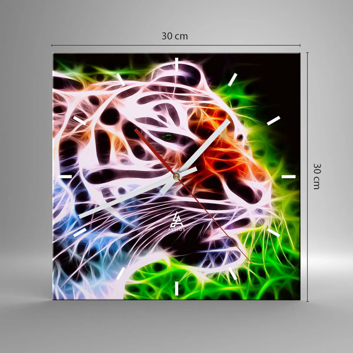 Wanduhr - Glasuhr - Farbenfrohes künstlerisches Porträt eines Tigers im Neonstil auf schwarzem Hintergrund. - 30x30cm - Schreckliche Aura - Moderne Wanddekoration für Wohnzimmer und Schlafzimmer ARTTOR
