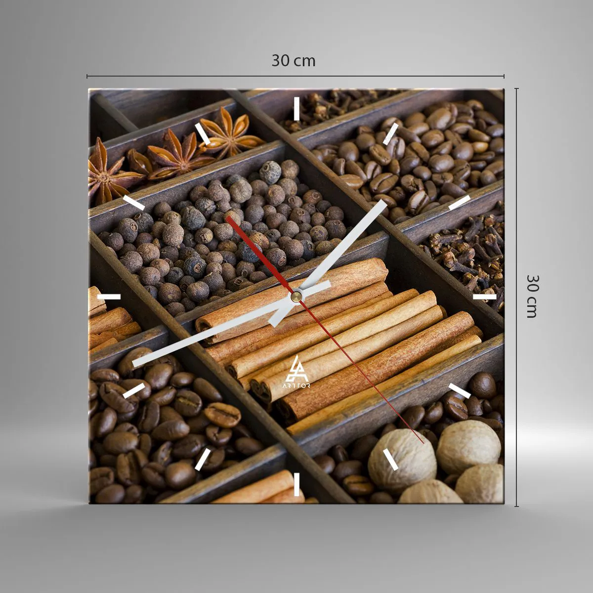 Wanduhr - Glasuhr - Gewürze und Kaffee in Holzfächern - 30x30cm - Eine Fundgrube an Aromen - Moderne Wanddekoration für Wohnzimmer und Schlafzimmer ARTTOR