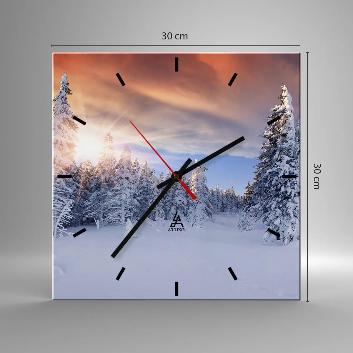 Reloj de pared - Reloj de vidrio - Paisaje invernal con un bosque nevado al atardecer - 30x30cm - Un espectáculo de naturaleza nevada - Decoración de pared moderna para salón y dormitorio ARTTOR