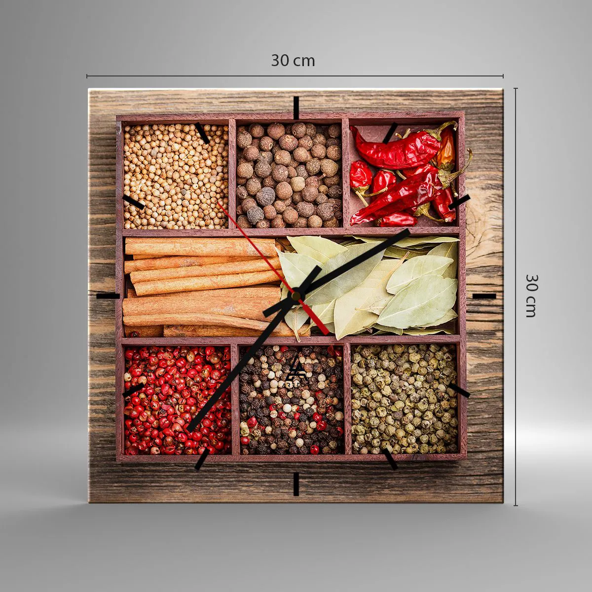 Reloj de pared - Reloj de vidrio - Caja de madera con varias especias en compartimentos. - 30x30cm - Orden de formas, composición de aromas - Decoración de pared moderna para salón y dormitorio ARTTOR