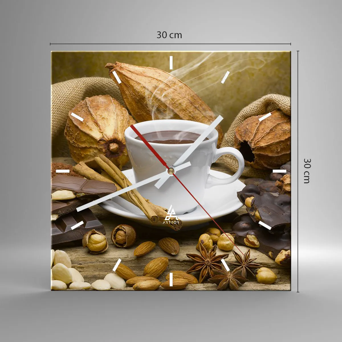 Wanduhr - Glasuhr - Eine Tasse heiße Schokolade, umgeben von Kakao und Zimt - 30x30cm - Für Nervenkitzel-Suchende - Moderne Wanddekoration für Wohnzimmer und Schlafzimmer ARTTOR