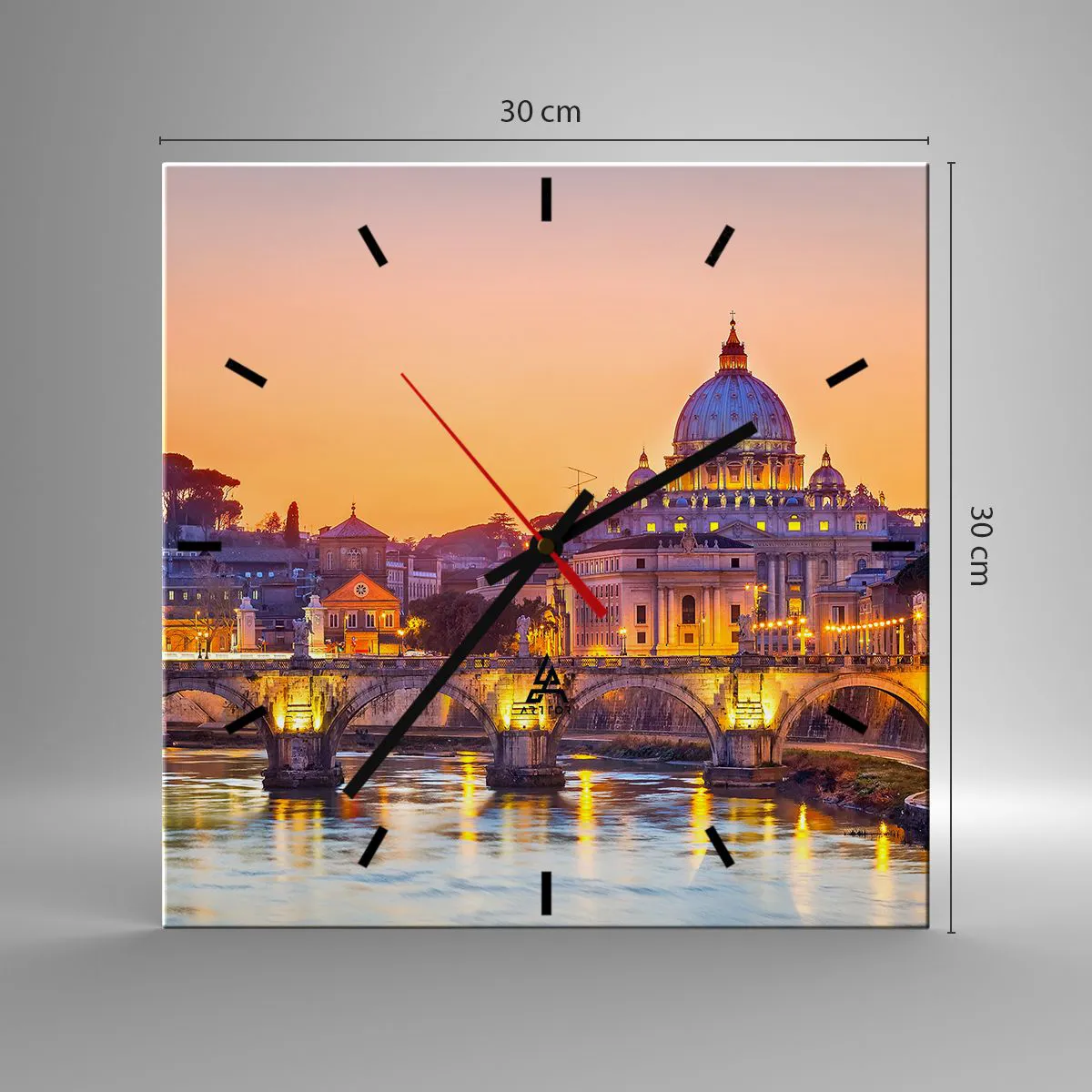 Orologio da parete - Orologio in Vetro - Panorama del Vaticano al tramonto con un ponte sul fiume - 30x30cm - Tramonto sulla Città Eterna - Decorazione murale moderna per soggiorno e camera da letto ARTTOR