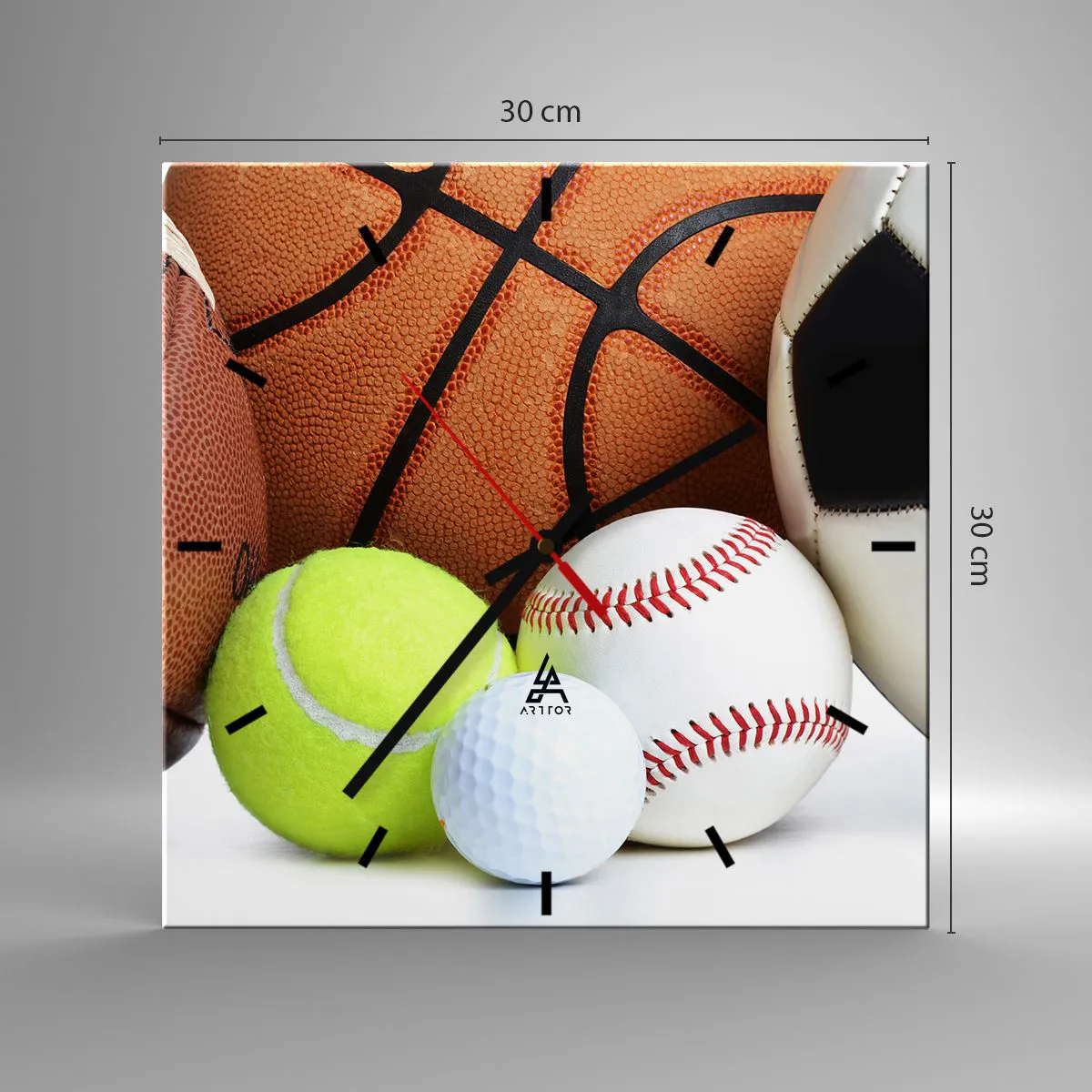 Reloj de pared - Reloj de vidrio - Balones de diversas disciplinas deportivas - 30x30cm - Unidos por el deporte - Decoración de pared moderna para salón y dormitorio ARTTOR