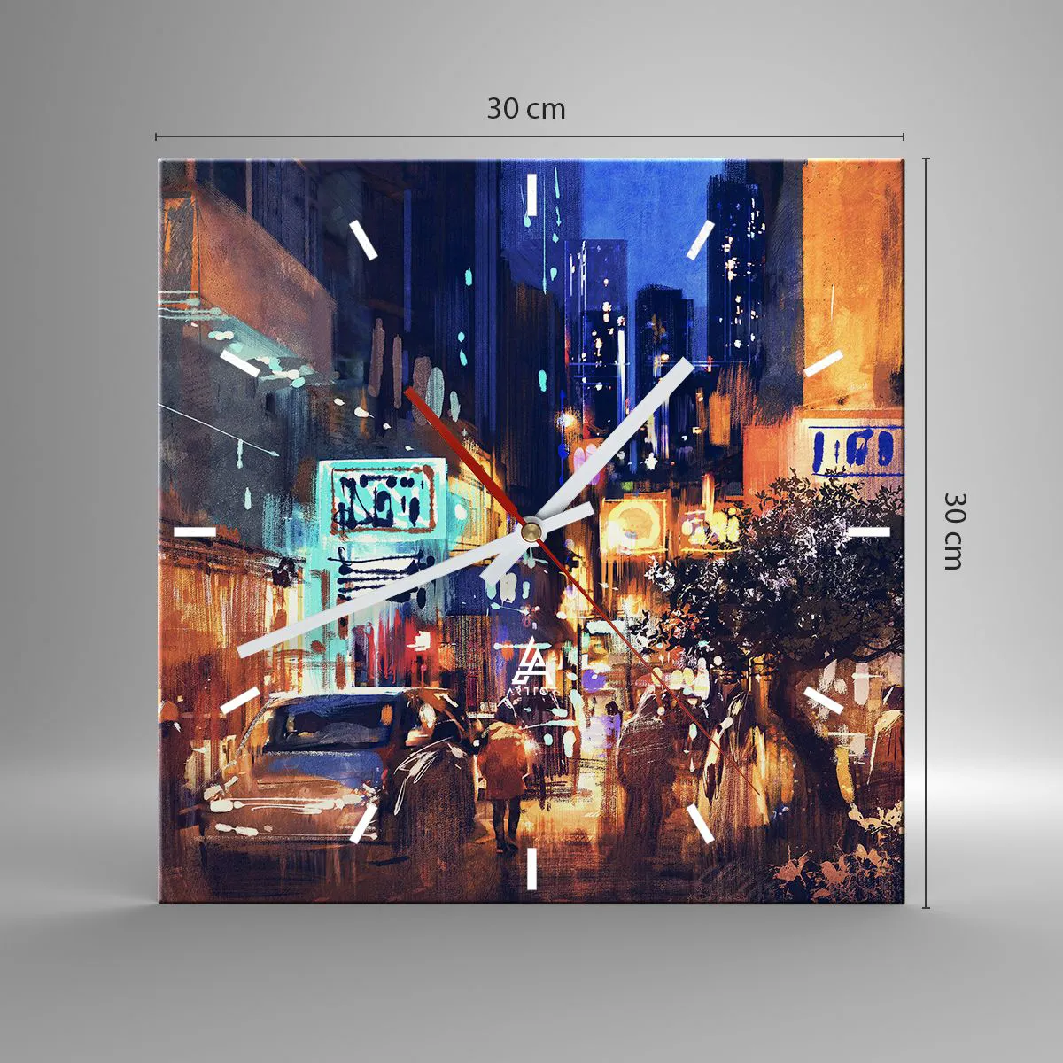 Orologio da parete - Orologio in Vetro - Paesaggio urbano serale in stile impressionista - 30x30cm - Ma la città non dorme - Decorazione murale moderna per soggiorno e camera da letto ARTTOR
