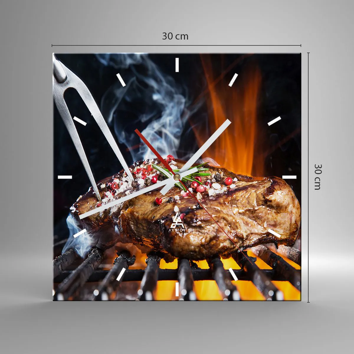 Wanduhr - Glasuhr - Gegrilltes Steak auf einem Grill mit Gewürzen - 30x30cm - Saftig und duftend - Moderne Wanddekoration für Wohnzimmer und Schlafzimmer ARTTOR