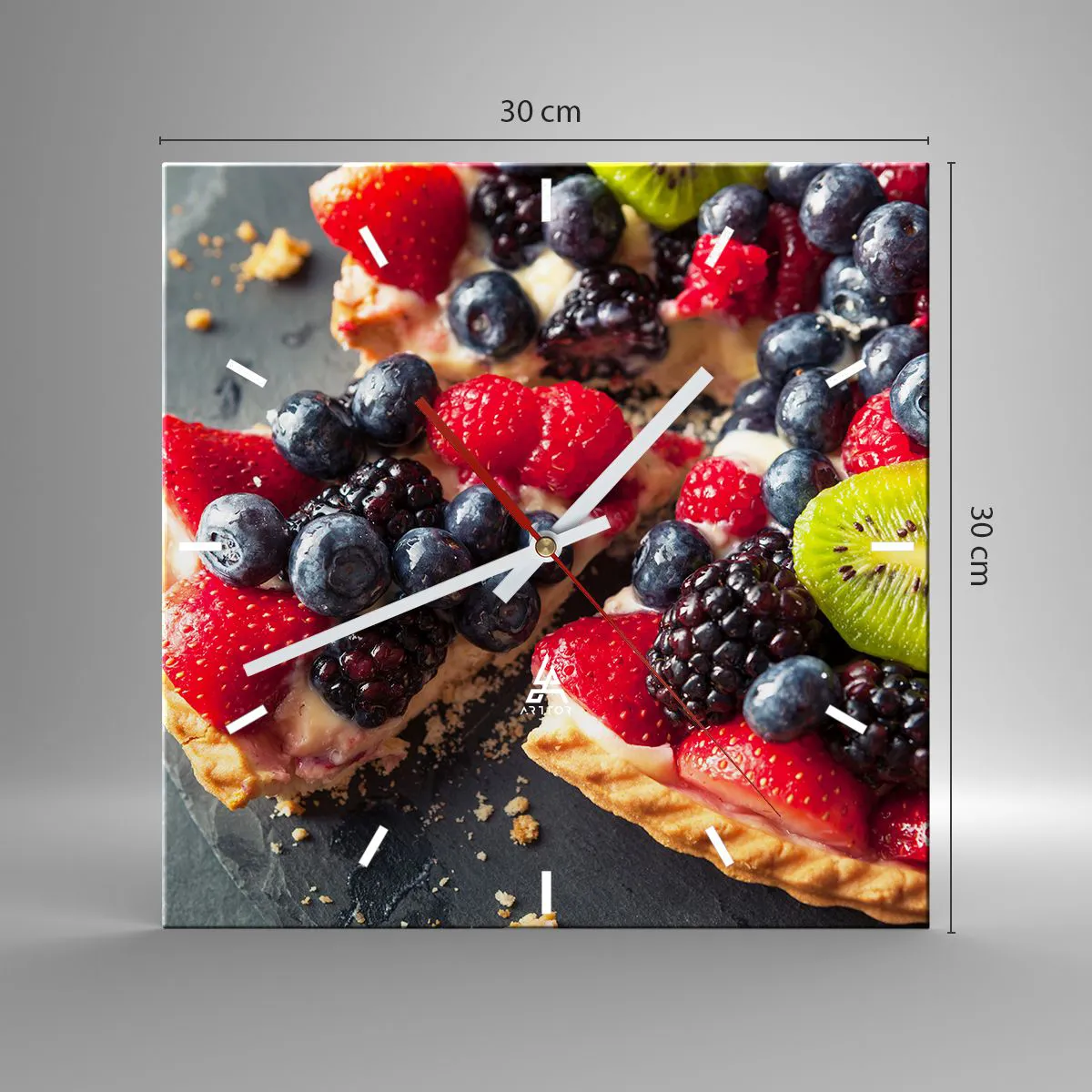 Zegar ścienny - Kolorowa tarta z owocami i kremem - 30x30cm - Dolce vita! - Nowoczesna dekoracja ścienna do salonu i sypialni ARTTOR