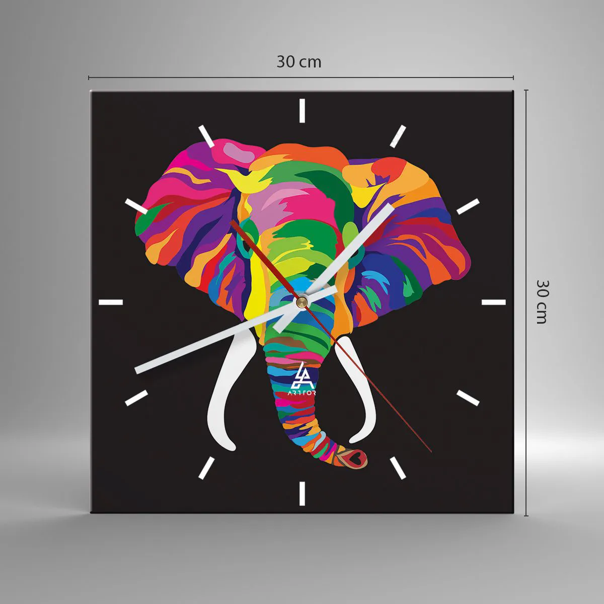 Ceas de perete - Ceas pe sticlă - Elefantul căruia îi plăcea să se scalde în curcubeu - 30x30 cm