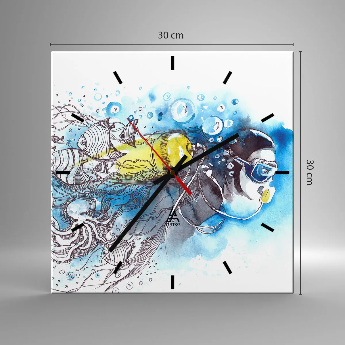 Zegar ścienny - Podwodna scena z nurkiem i egzotycznymi rybami - 30x30cm - Wielki błękit - Nowoczesna dekoracja ścienna do salonu i sypialni ARTTOR
