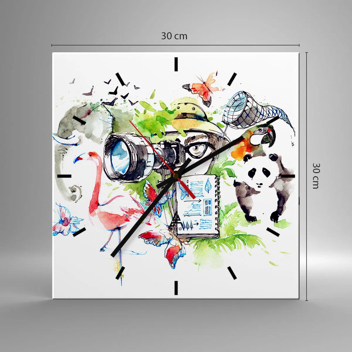 Relógio de parede - Relógio em vidro - Através da lente do viajante - 30x30 cm