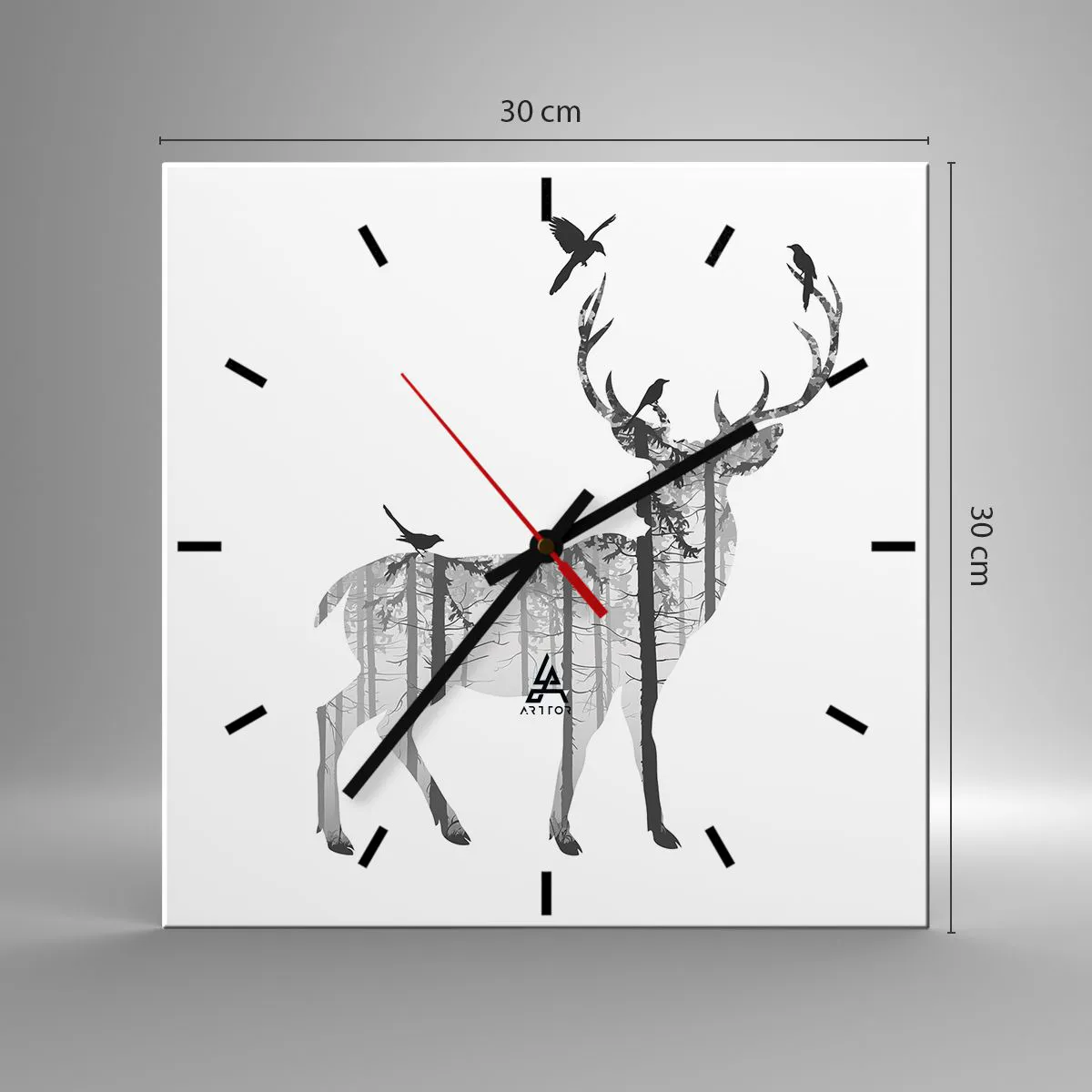 Wanduhr - Glasuhr - Silhouette eines Hirsches mit Wald und Vögeln - 30x30cm - Guter Waldgeist - Moderne Wanddekoration für Wohnzimmer und Schlafzimmer ARTTOR