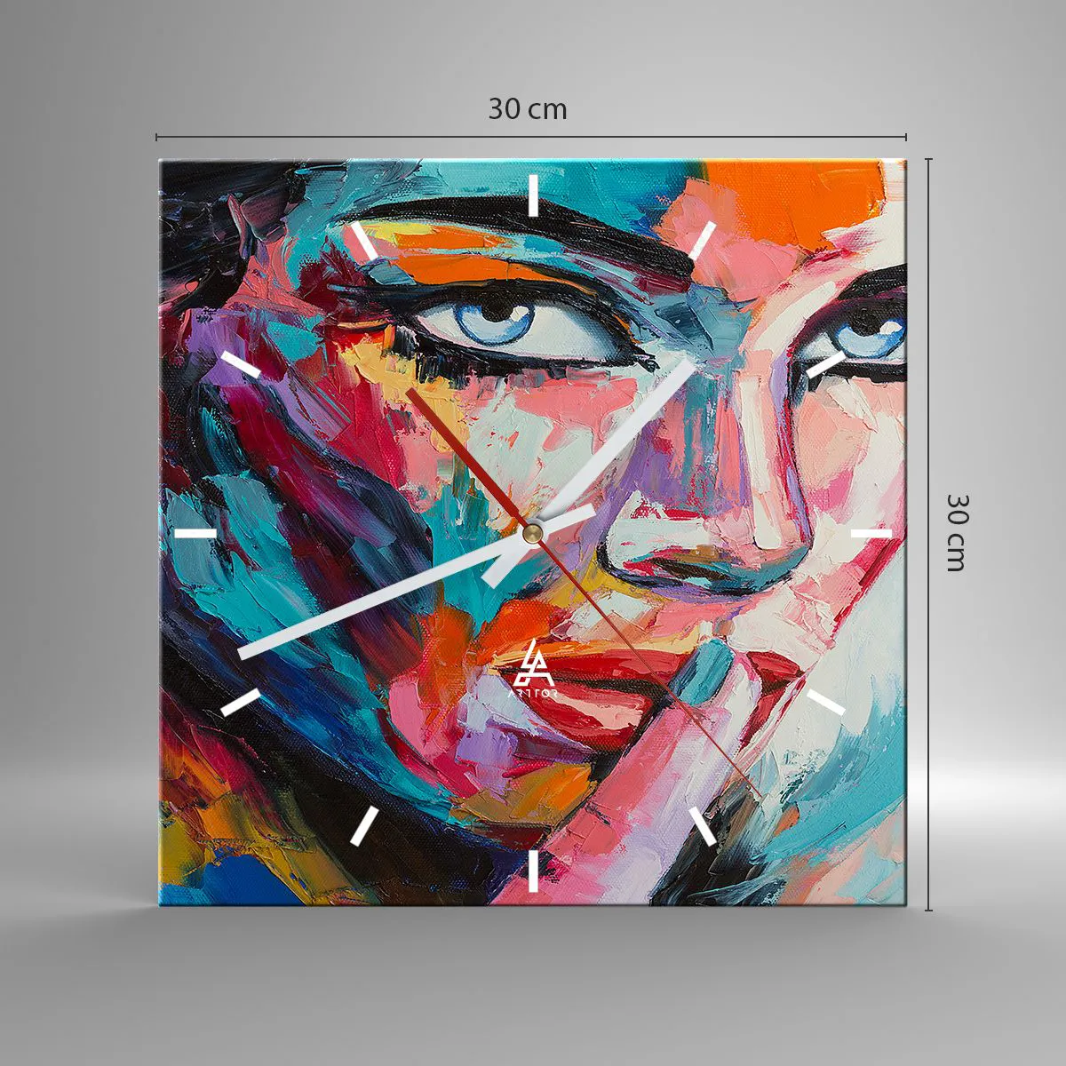 Wanduhr - Glasuhr - Farbenfrohes Porträt einer Frau im abstrakten Stil - 30x30cm - Unser erstes Geheimnis - Moderne Wanddekoration für Wohnzimmer und Schlafzimmer ARTTOR