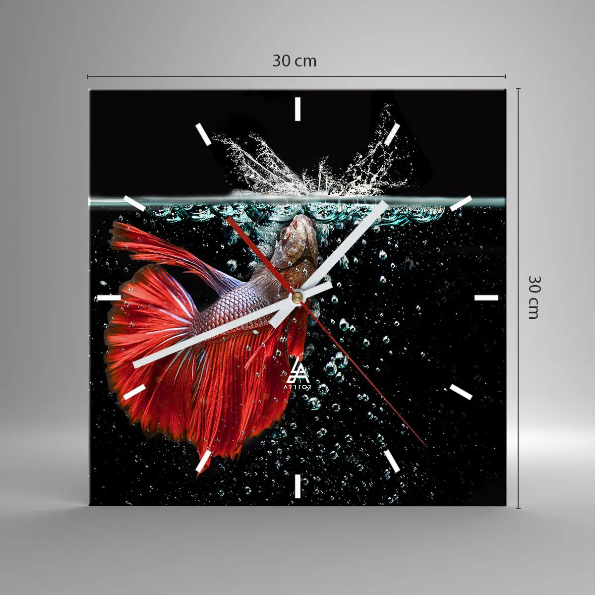 Wanduhr - Glasuhr - Ein prächtiger Kampffisch im Wasser vor dunklem Hintergrund - 30x30cm - Du hast drei Wünsche - Moderne Wanddekoration für Wohnzimmer und Schlafzimmer ARTTOR