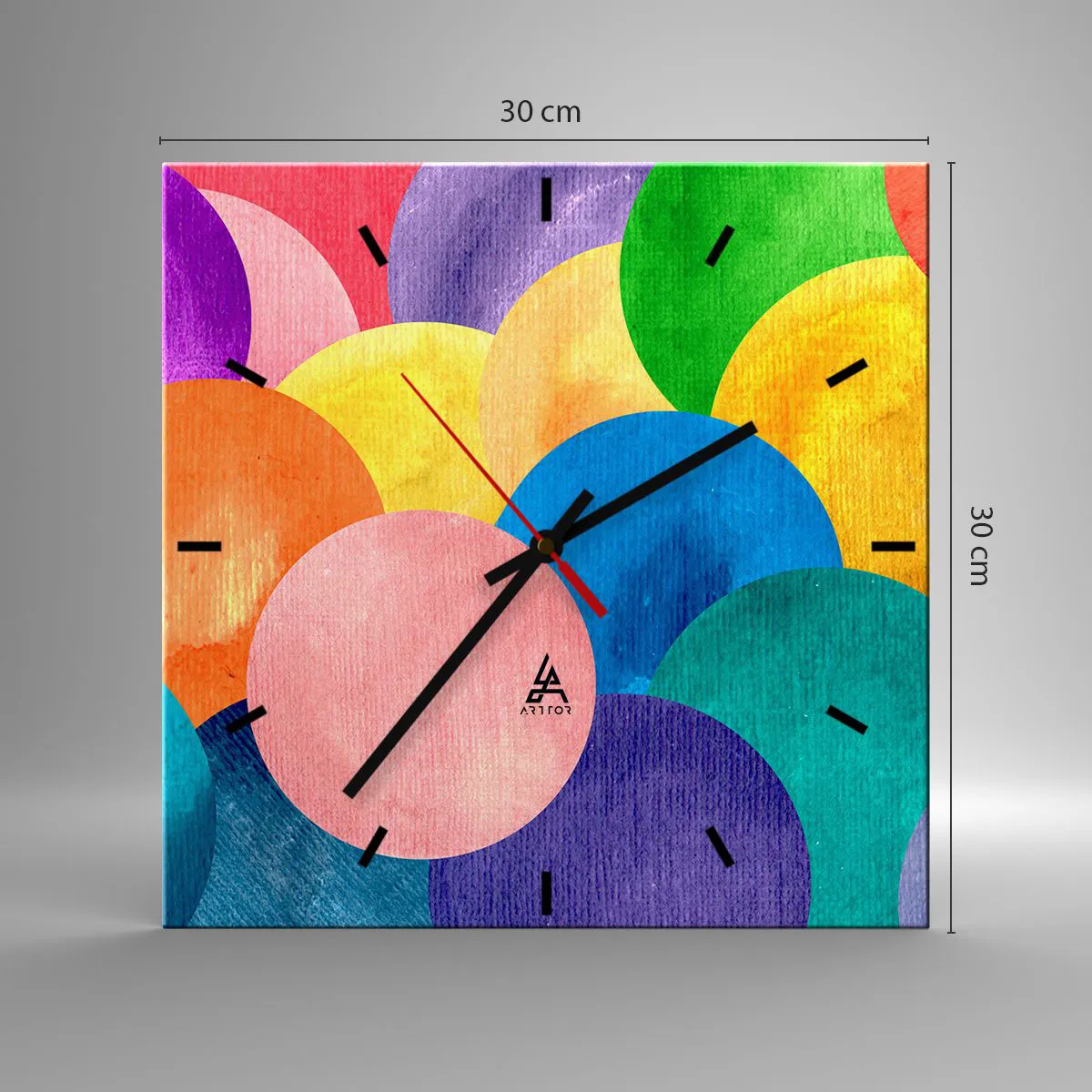 Reloj de pared - Reloj de vidrio - Círculos coloridos en estilo acuarela - 30x30cm - La plenitud original de la vida - Decoración de pared moderna para salón y dormitorio ARTTOR