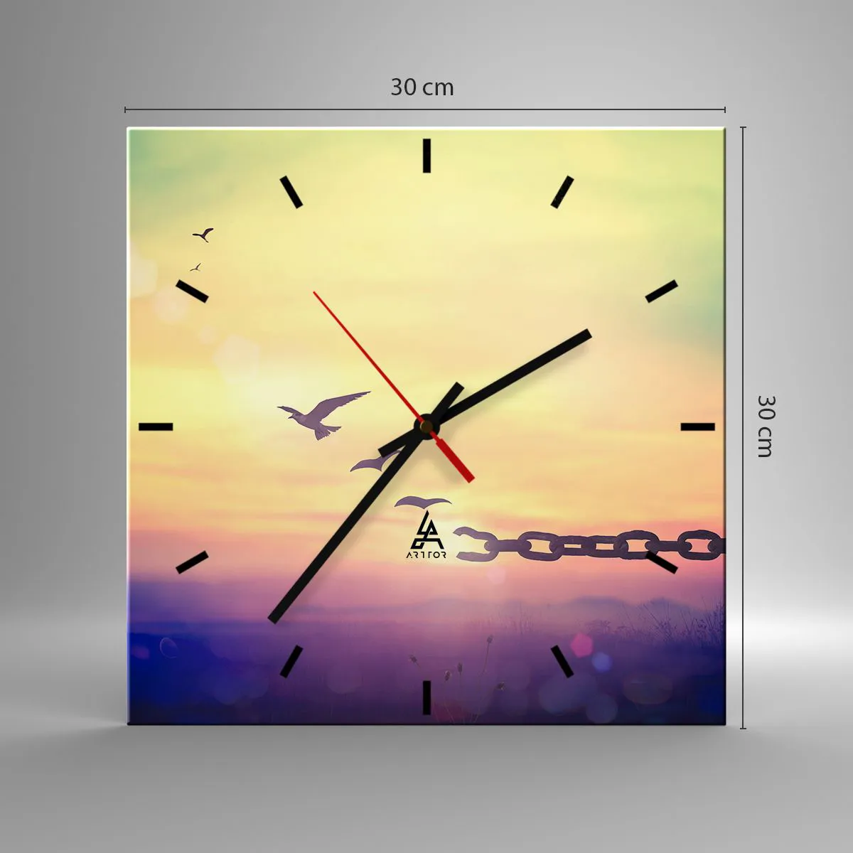 Wanduhr - Glasuhr - Symbol der Freiheit mit Vögeln und einer zerbrochenen Kette - 30x30cm - Der Sieg der Freiheit - Moderne Wanddekoration für Wohnzimmer und Schlafzimmer ARTTOR
