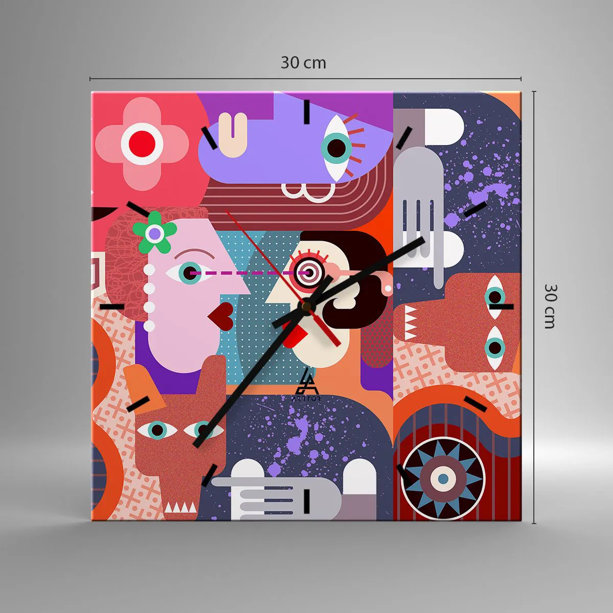 Wanduhr - Glasuhr - Abstrakte Figuren in lebendigen Farben - 30x30cm - Augenhöhe - Moderne Wanddekoration für Wohnzimmer und Schlafzimmer ARTTOR