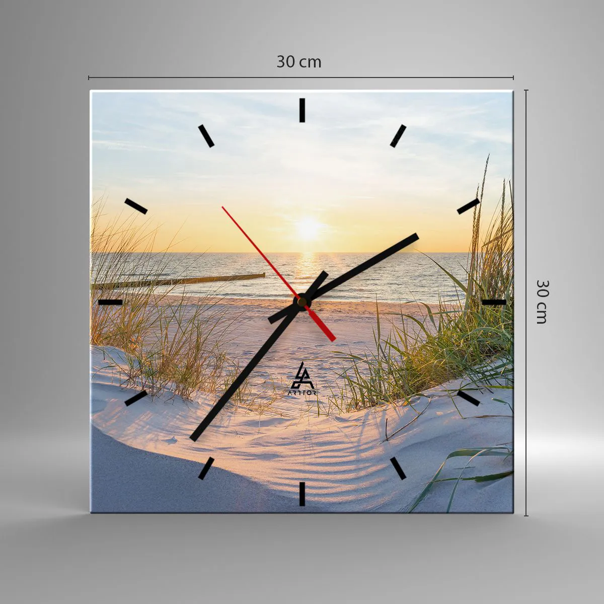 Orologio da parete - Orologio in Vetro - Una spiaggia sabbiosa con vista sul tramonto sul mare - 30x30cm - Rumore del mare, uccelli che cantano, spiaggia selvatica tra i cespugli... - Decorazione murale moderna per soggiorno e camera da letto ARTTOR
