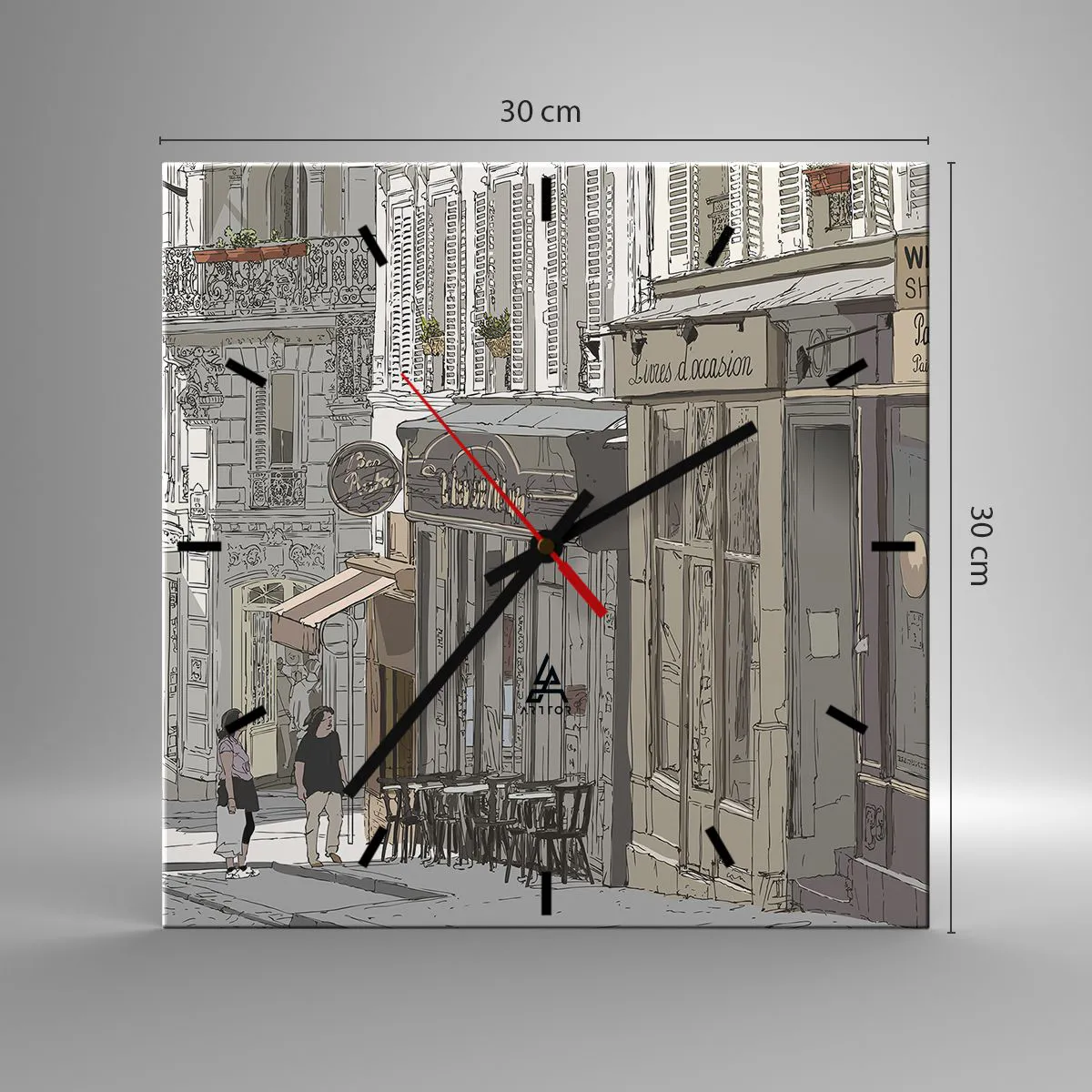 Reloj de pared - Reloj de vidrio - Ilustración de una calle de la ciudad con cafés y tiendas. - 30x30cm - Alegrías urbanas - Decoración de pared moderna para salón y dormitorio ARTTOR