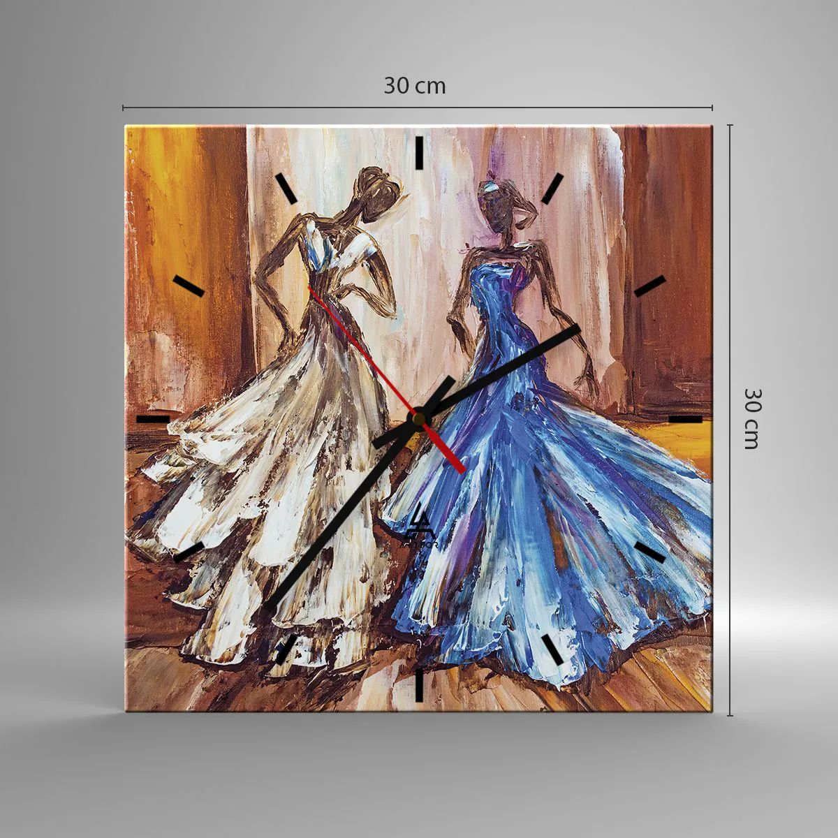 Wanduhr - Glasuhr - Figuren in Abendkleidern im künstlerischen Stil - 30x30cm - Ein dankbares Duo - Moderne Wanddekoration für Wohnzimmer und Schlafzimmer ARTTOR