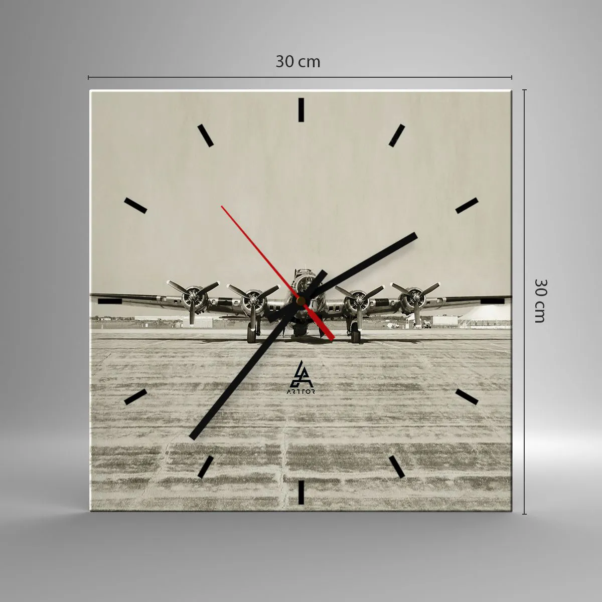 Wanduhr - Glasuhr - Historisches Flugzeug auf dem Flughafen in Sepia - 30x30cm - Wie immer bereit - Moderne Wanddekoration für Wohnzimmer und Schlafzimmer ARTTOR