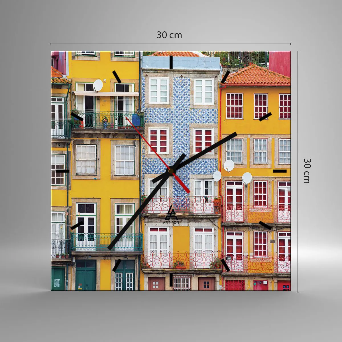 Wanduhr - Glasuhr - Bunte Fassaden von Mietshäusern im Stadtbild - 30x30cm - Farben der Altstadt - Moderne Wanddekoration für Wohnzimmer und Schlafzimmer ARTTOR