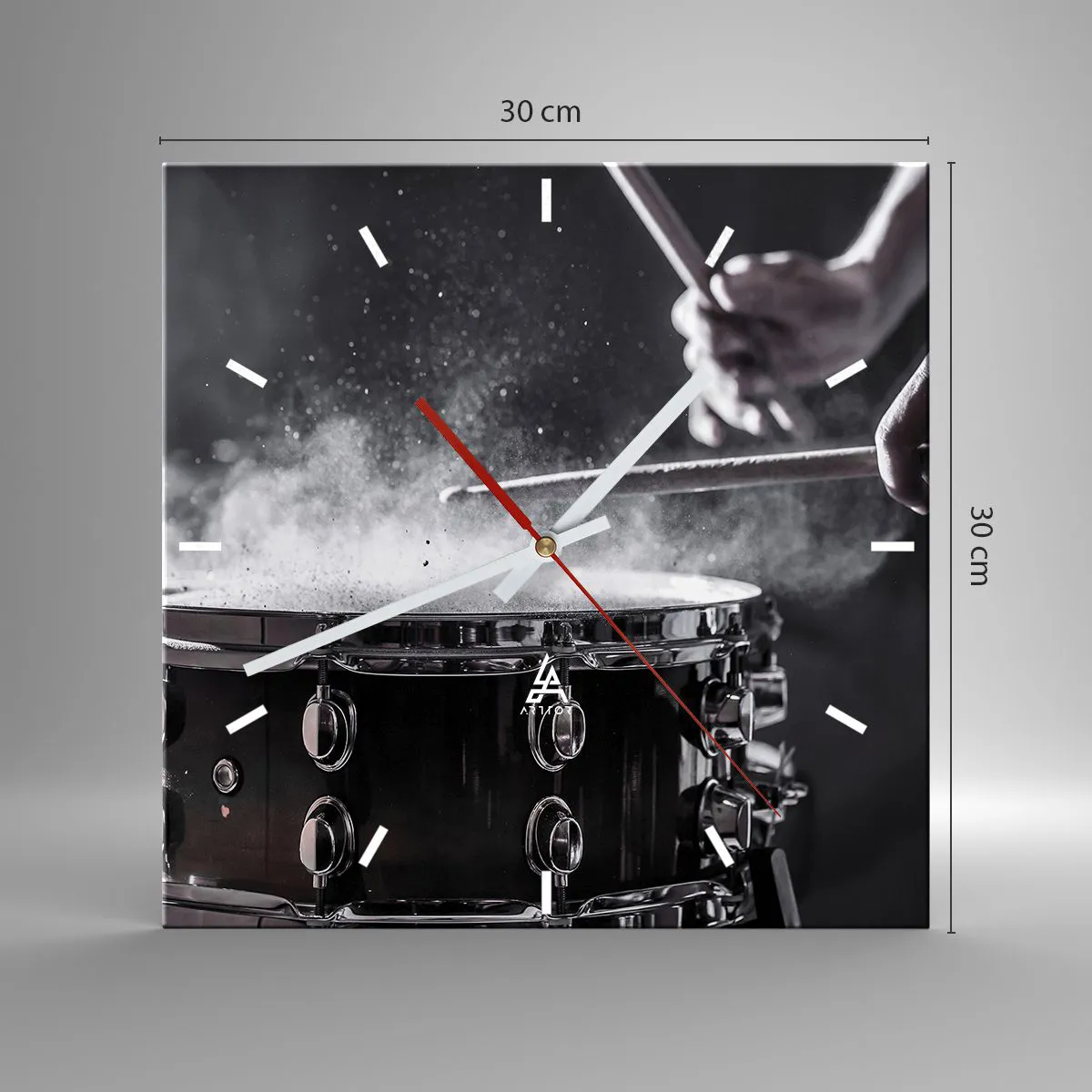 Reloj de pared - Reloj de vidrio - Golpear el tambor con baquetas con efecto de polvo - 30x30cm - El pulso de la música - Decoración de pared moderna para salón y dormitorio ARTTOR