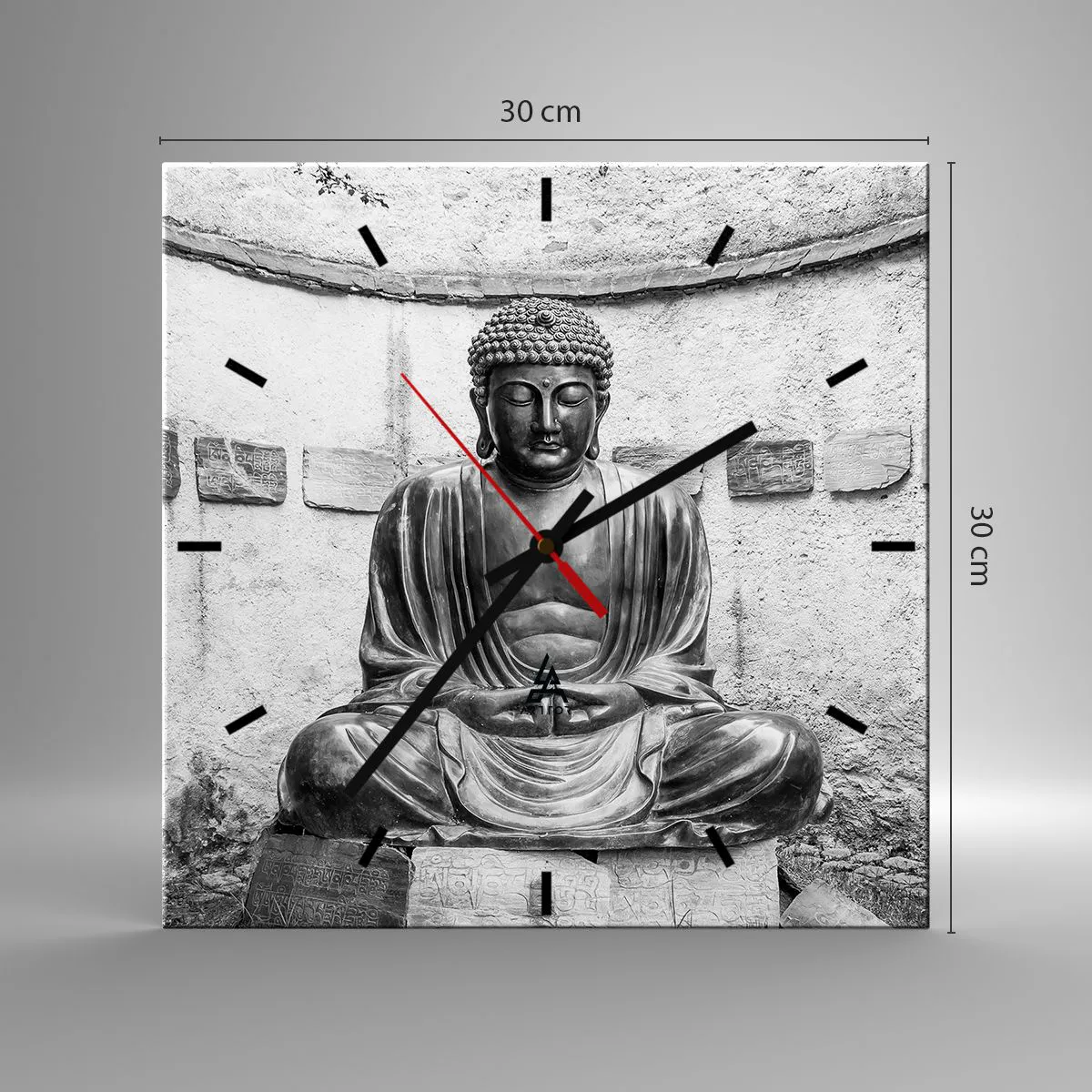 Wanduhr - Glasuhr - Schwarz-weiße Buddha-Statue in meditativer Pose - 30x30cm - An der Quelle des Friedens - Moderne Wanddekoration für Wohnzimmer und Schlafzimmer ARTTOR