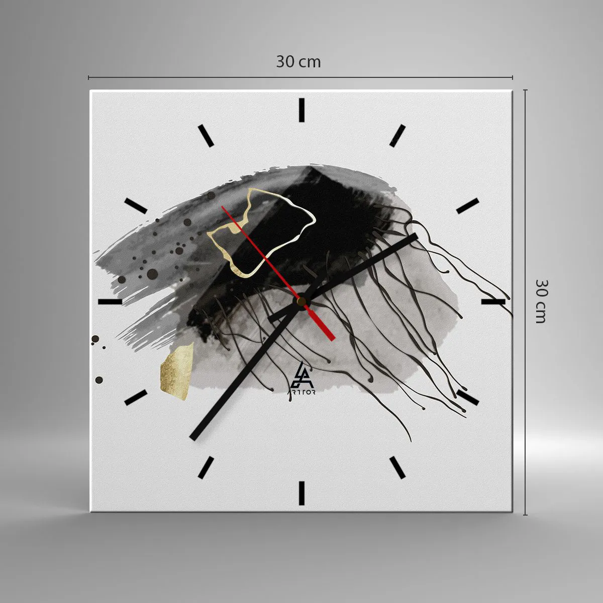 Wanduhr - Glasuhr - Eine abstrakte Komposition mit Akzenten in Schwarz und Gold. - 30x30cm - In Schwarz und Gold - Moderne Wanddekoration für Wohnzimmer und Schlafzimmer ARTTOR