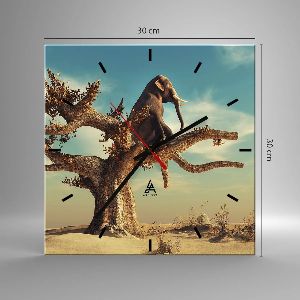 Reloj de pared - Reloj de vidrio - Un elefante sentado en un árbol en un paisaje surrealista. - 30x30cm - Un nuevo punto de vista - Decoración de pared moderna para salón y dormitorio ARTTOR
