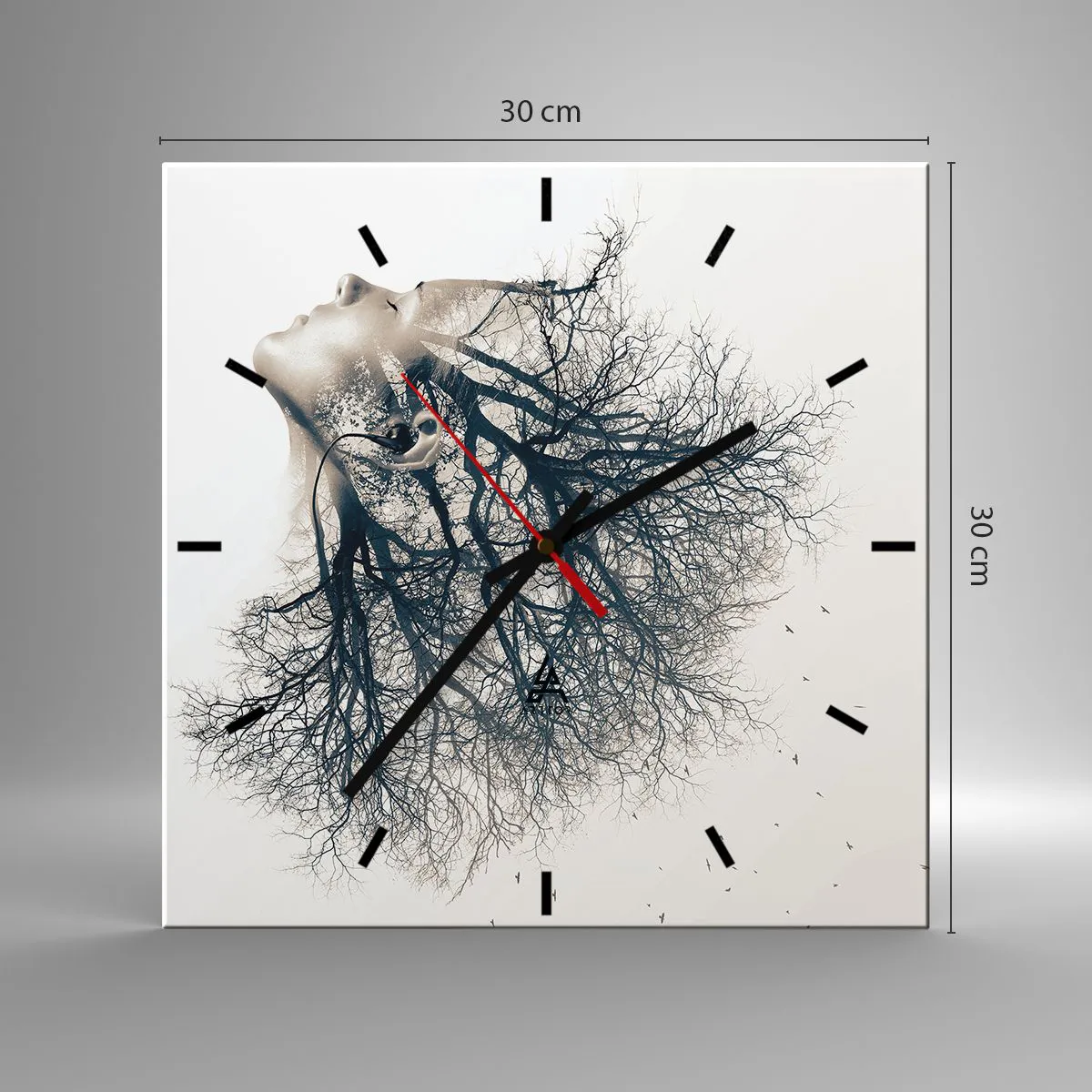 Reloj de pared - Reloj de vidrio - Silueta creativa de una mujer y árboles. - 30x30cm - Escuchando el susurro de un árbol - Decoración de pared moderna para salón y dormitorio ARTTOR