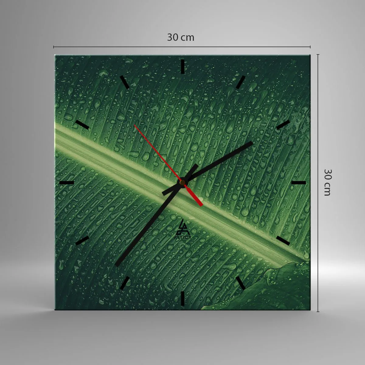 Wanduhr - Glasuhr - Ein grünes Blatt mit Wassertropfen auf der Oberfläche - 30x30cm - Die Struktur des Grüns - Moderne Wanddekoration für Wohnzimmer und Schlafzimmer ARTTOR