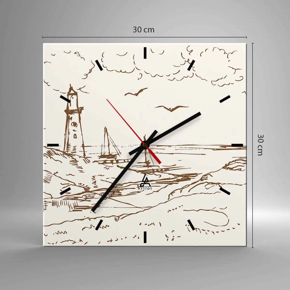 Wanduhr - Glasuhr - Skizze eines Leuchtturms mit Blick auf das Meer - 30x30cm - Ein Überblick über die Erinnerungen an den Sommer - Moderne Wanddekoration für Wohnzimmer und Schlafzimmer ARTTOR