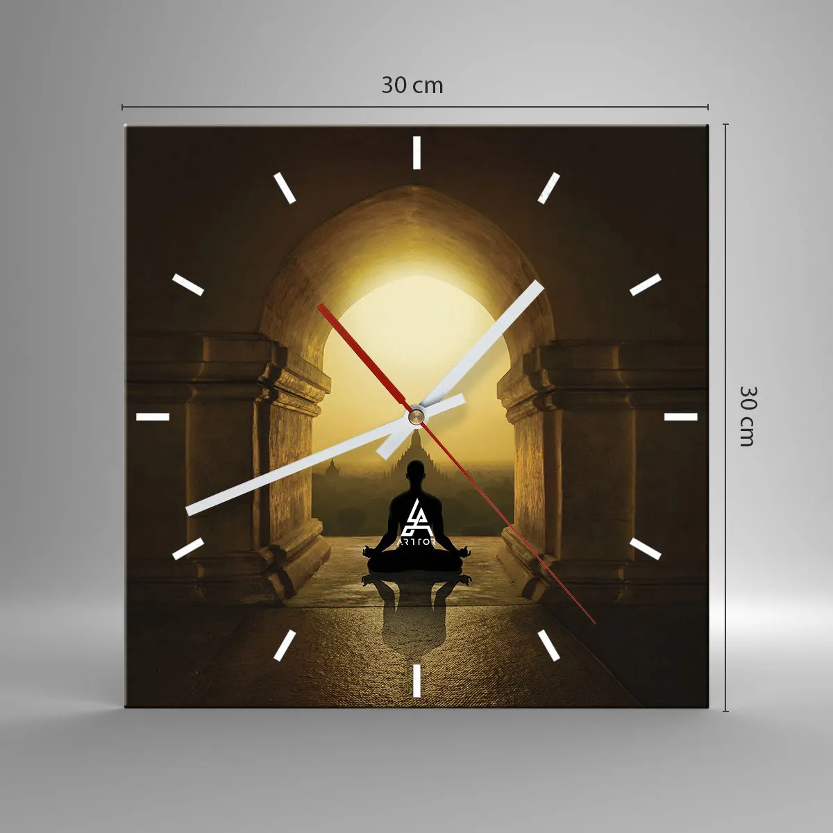 Orologio da parete - Orologio in Vetro - Silhouette di una persona in meditazione alla luce del sole al tramonto - 30x30cm - Armonia completa - Decorazione murale moderna per soggiorno e camera da letto ARTTOR