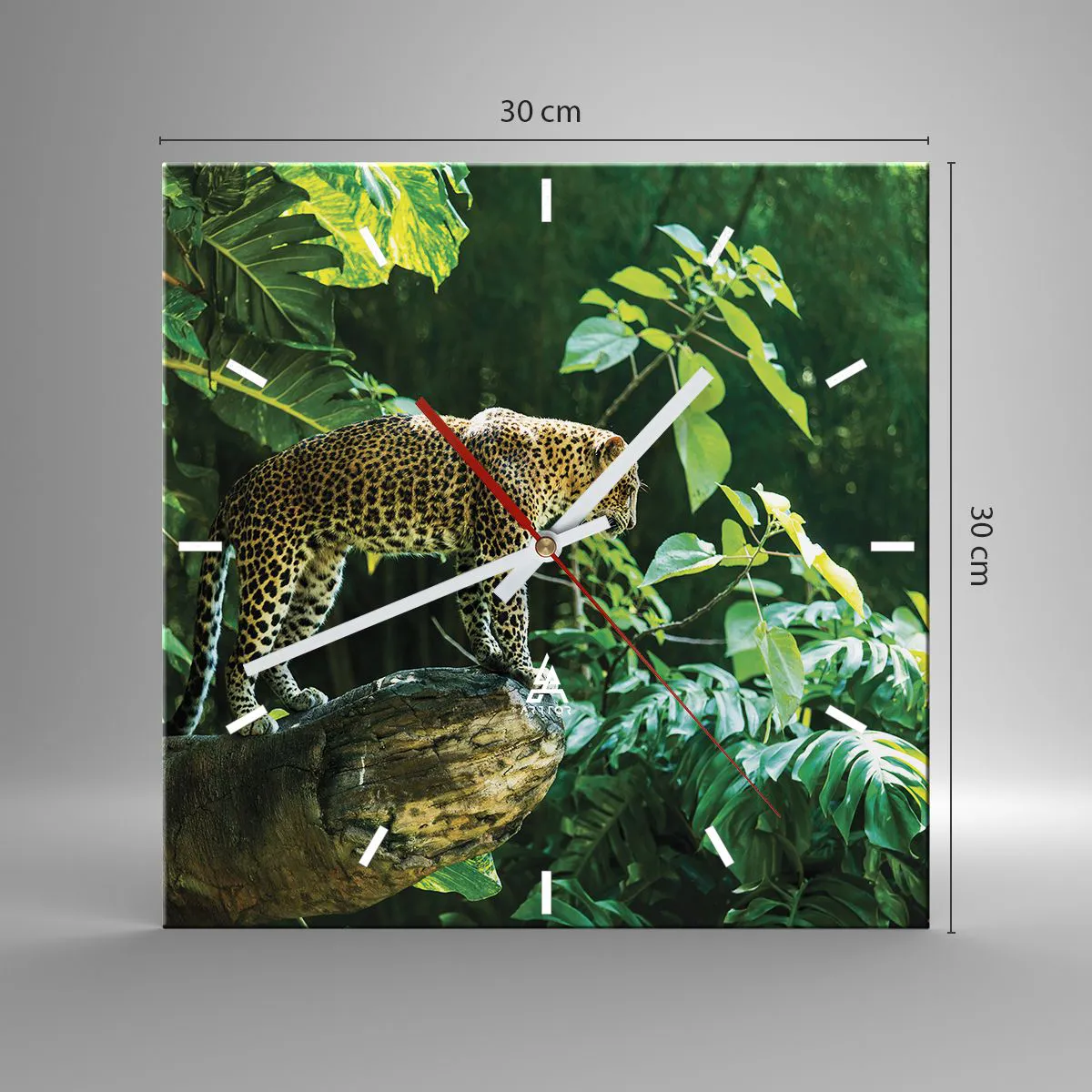 Wanduhr - Glasuhr - Ein Leopard steht auf einem Felsen, umgeben von tropischer Vegetation - 30x30cm - Auf die Jagd? - Moderne Wanddekoration für Wohnzimmer und Schlafzimmer ARTTOR