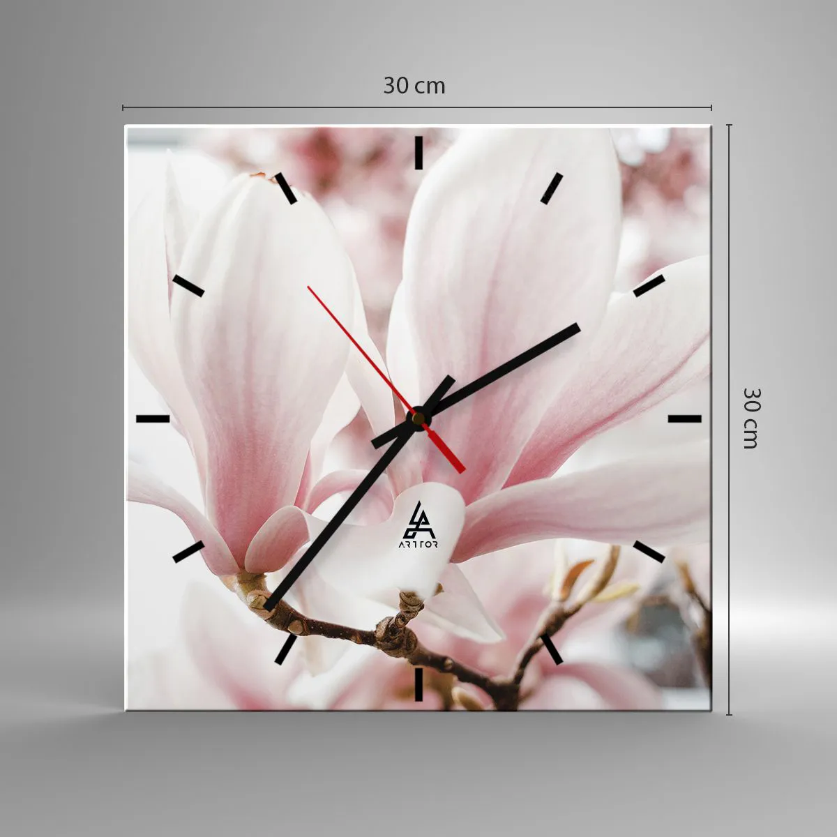 Orologio da parete - Orologio in Vetro - Delicati fiori di magnolia in tonalità pastello - 30x30cm - Tenerezza senza fine - Decorazione murale moderna per soggiorno e camera da letto ARTTOR