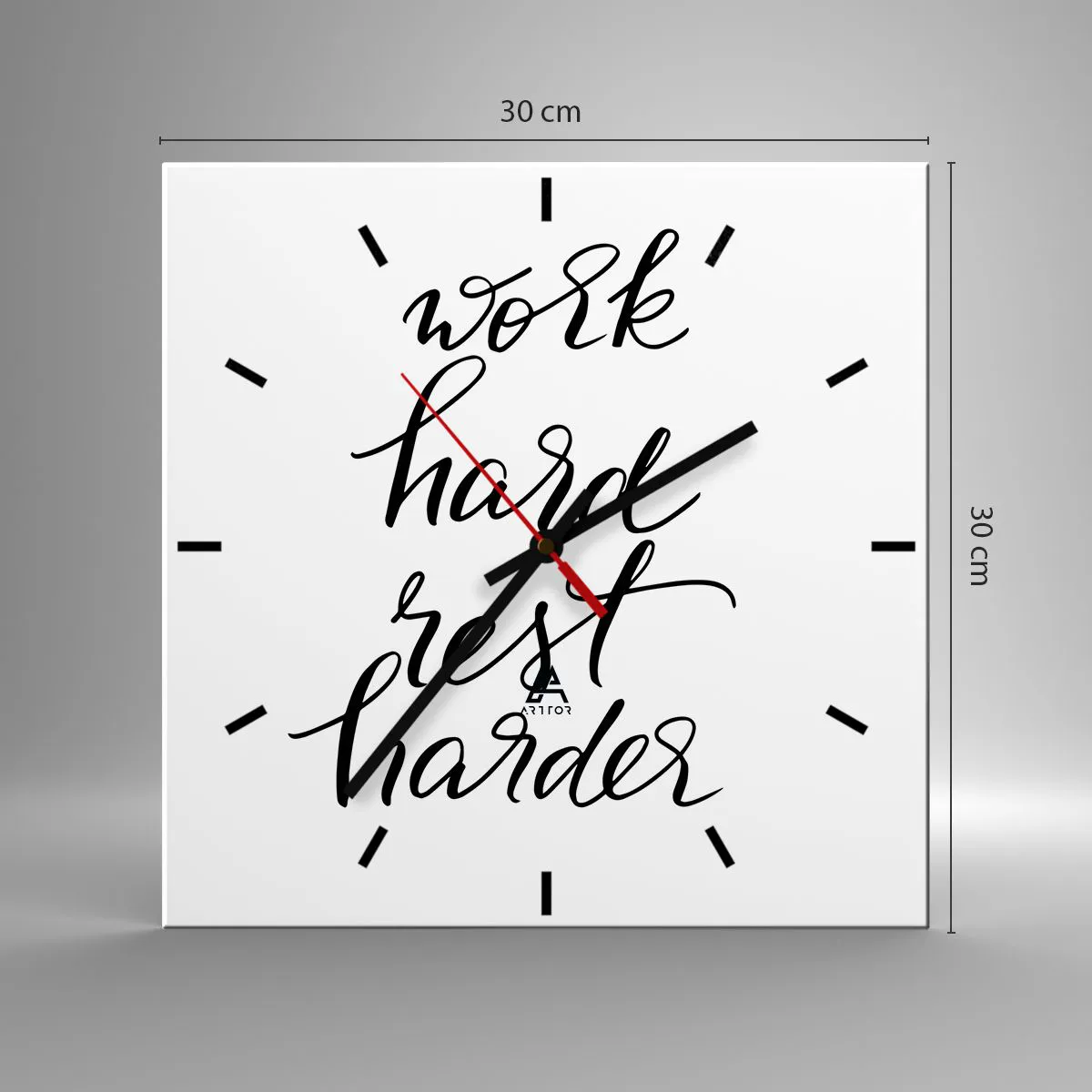 Zegar ścienny - Cytat Work hard rest harder na białym tle - 30x30cm - Życiowa równowaga - Nowoczesna dekoracja ścienna do salonu i sypialni ARTTOR