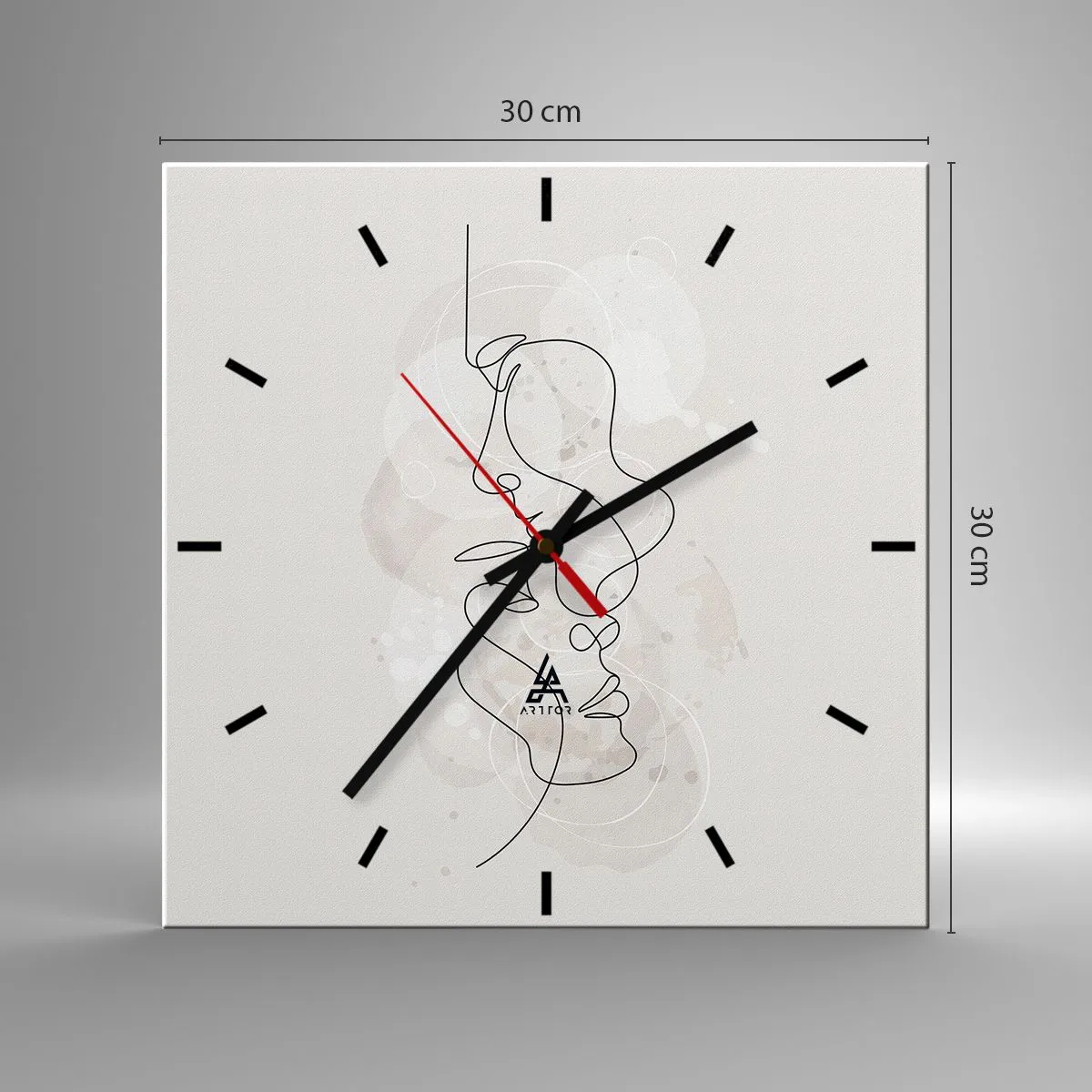 Reloj de pared - Reloj de vidrio - Esquema abstracto de dos caras sobre un fondo claro - 30x30cm - En un abrazo - Decoración de pared moderna para salón y dormitorio ARTTOR