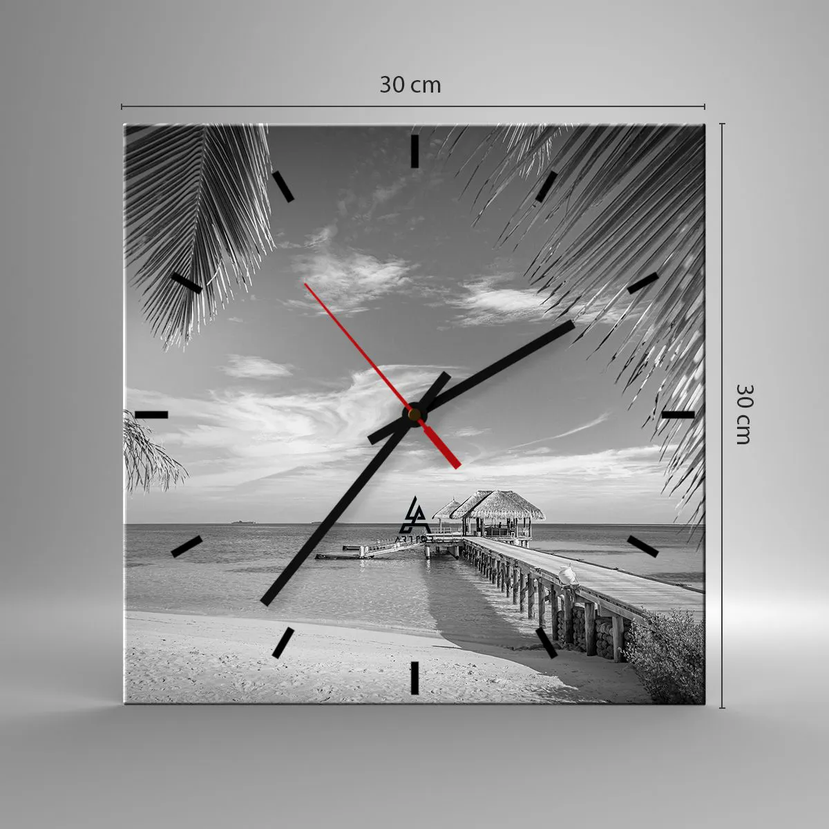 Reloj de pared - Reloj de vidrio - Playa blanca y negra con muelle y palmeras en una costa tropical - 30x30cm - ¿Un recuerdo o un sueño? - Decoración de pared moderna para salón y dormitorio ARTTOR