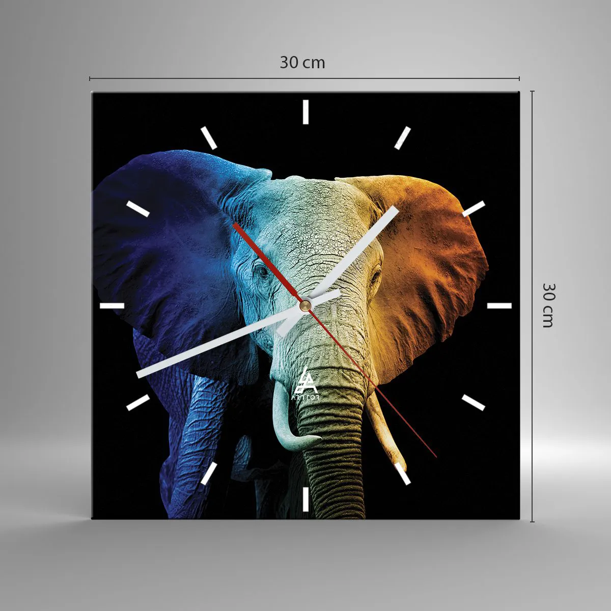 Wanduhr - Glasuhr - Elefantenporträt in Regenbogenfarben - 30x30cm - Exzentrisch, kein Verrückter - Moderne Wanddekoration für Wohnzimmer und Schlafzimmer ARTTOR