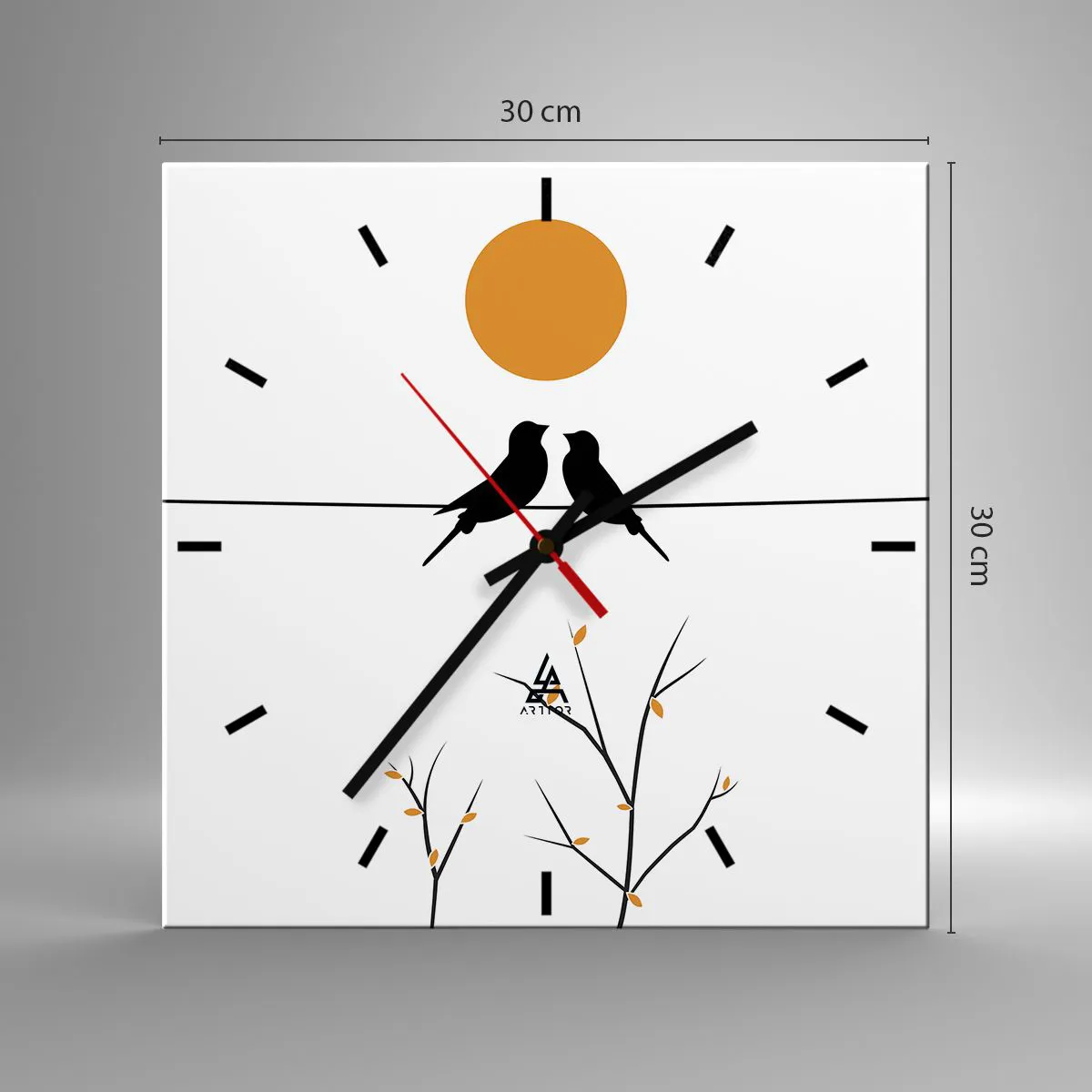 Horloge murale - Pendule murale - Oiseaux sur une ligne avec un soleil jaune - 30x30cm - Soirée pour rossignols - Décoration murale moderne pour le salon et la chambre ARTTOR