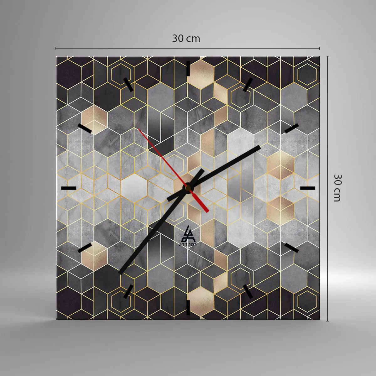 Reloj de pared - Reloj de vidrio - Patrón geométrico en tonos dorados - 30x30cm - Composición de diamantes - Decoración de pared moderna para salón y dormitorio ARTTOR