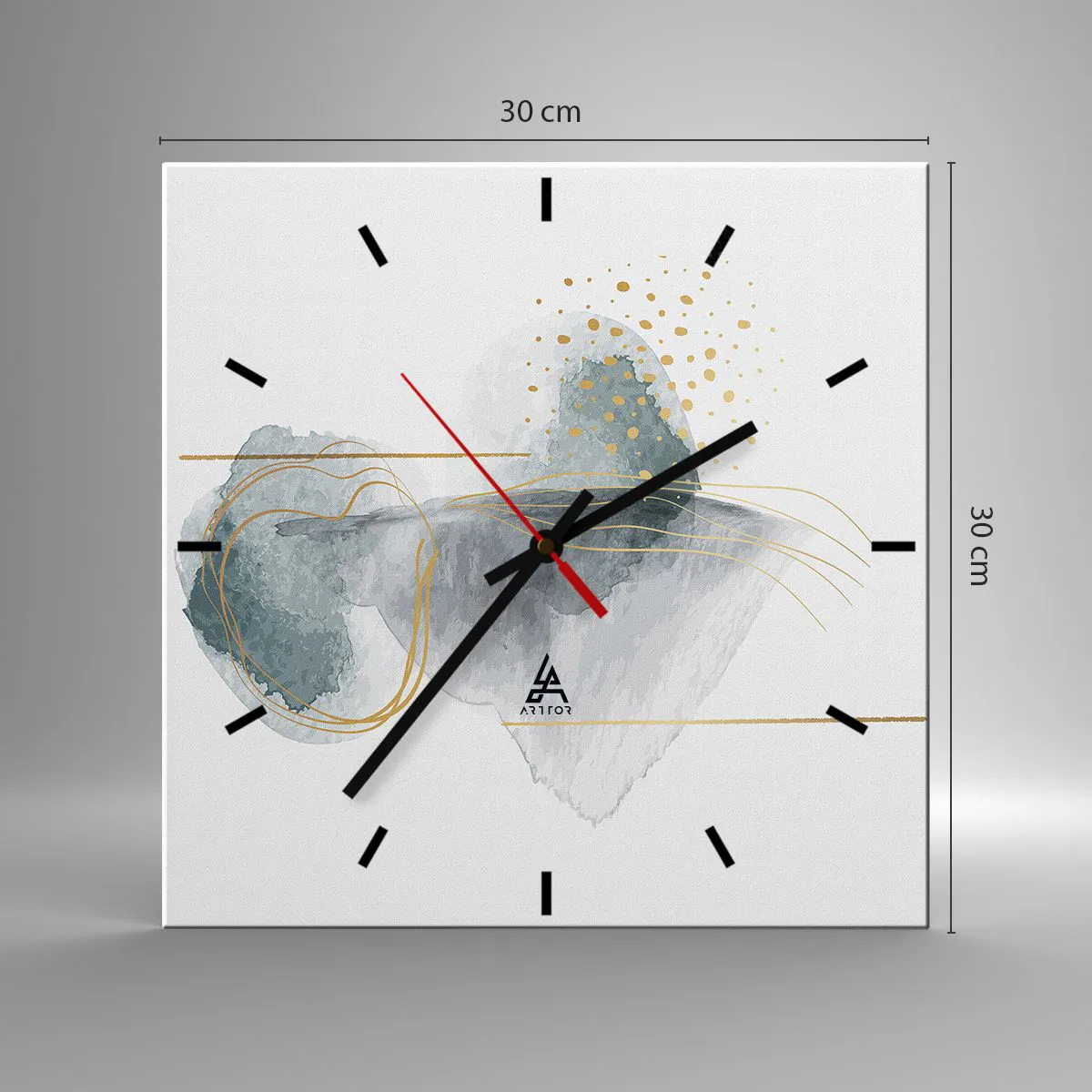 Reloj de pared - Reloj de vidrio - Una composición abstracta en tonos turquesa y dorado. - 30x30cm - Sobre la relación entre el gris y el oro - Decoración de pared moderna para salón y dormitorio ARTTOR